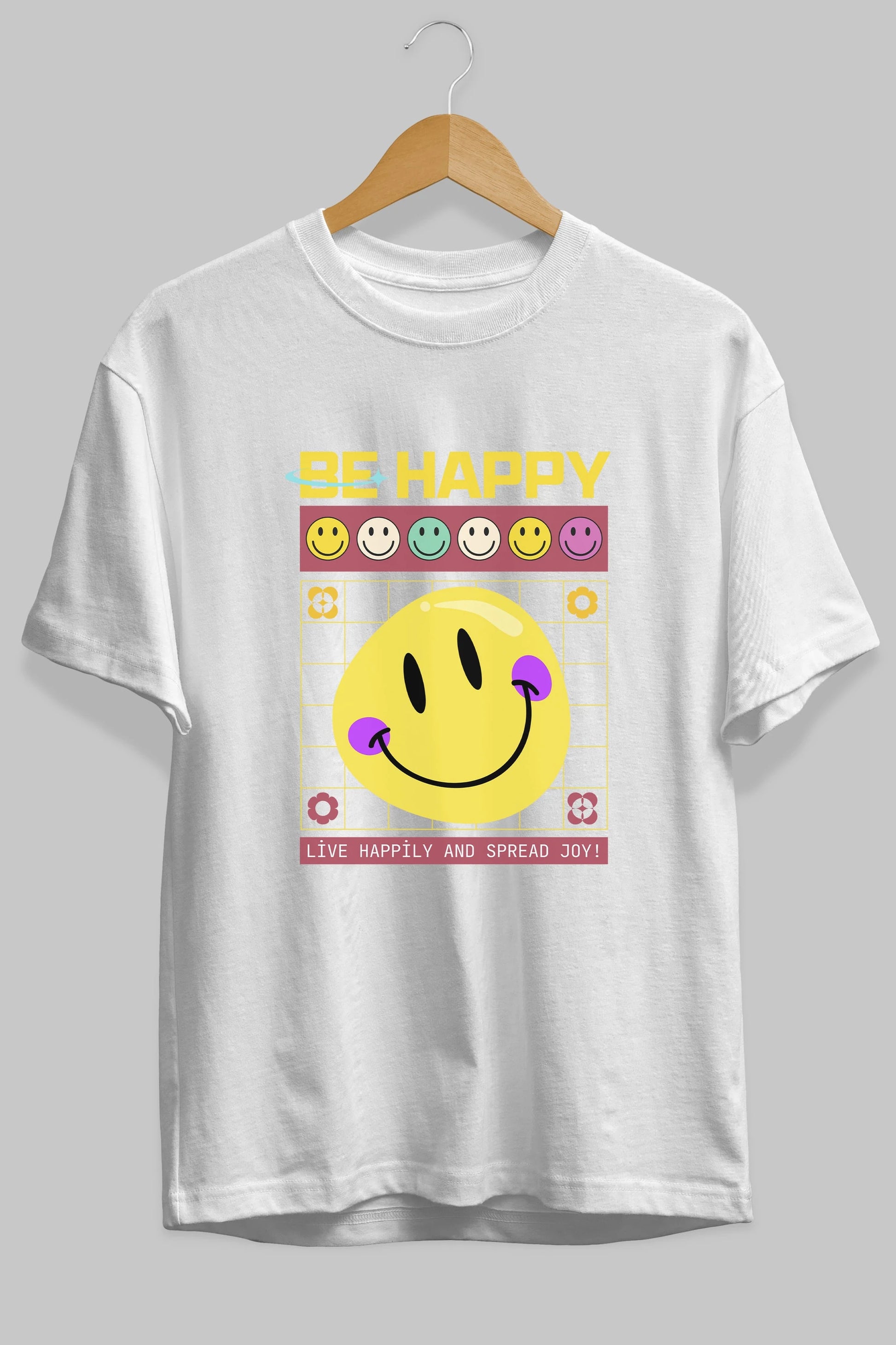 Be Happy Yazılı Ön Baskılı Oversize t-shirt Erkek Kadın Unisex
