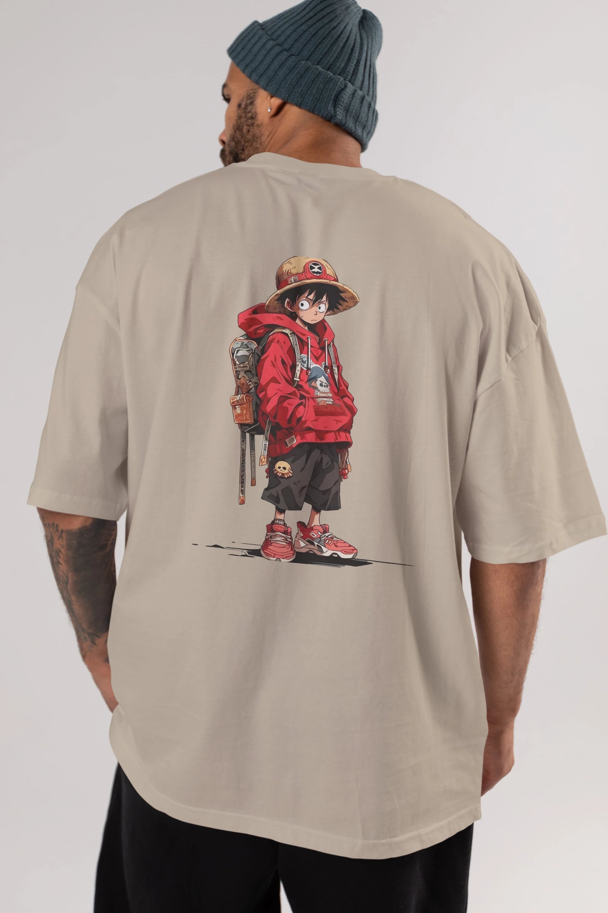 One Piece Arka Baskılı Oversize t-shirt Erkek Kadın Unisex %100 Pamuk Bisiklet Yaka tişort