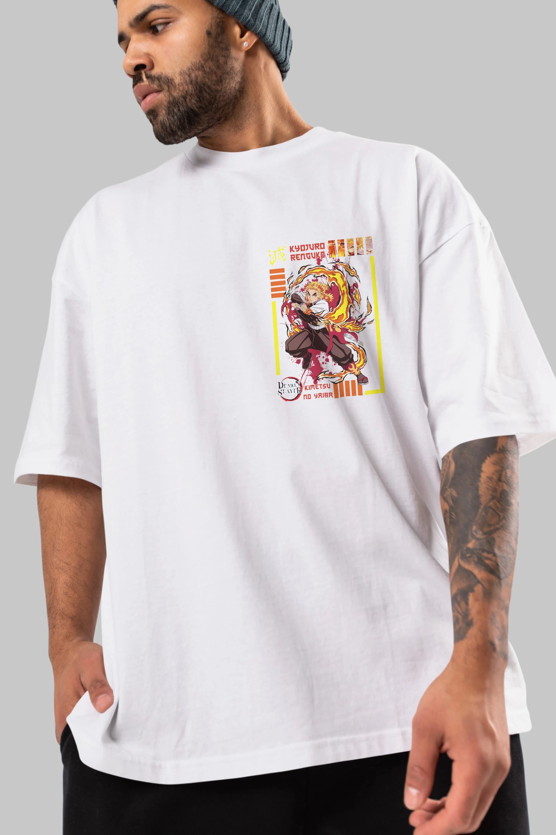 KYOJURO RENGOKU Ön Sol Baskılı Oversize t-shirt Erkek Kadın Unisex %100 Pamuk Bisiklet Yaka tişort