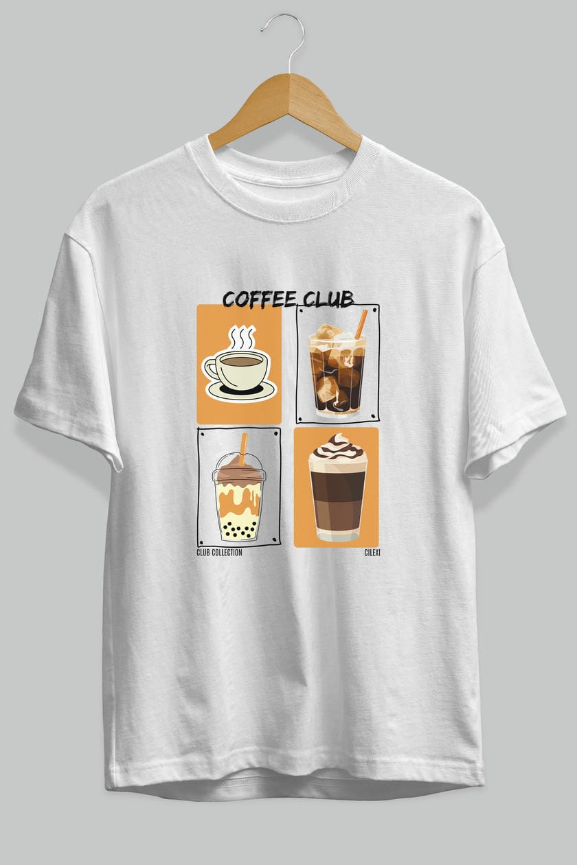 Coffee Club ön Baskılı Oversize t-shirt Erkek Kadın %100 Pamuk Bisiklet Yaka tişort