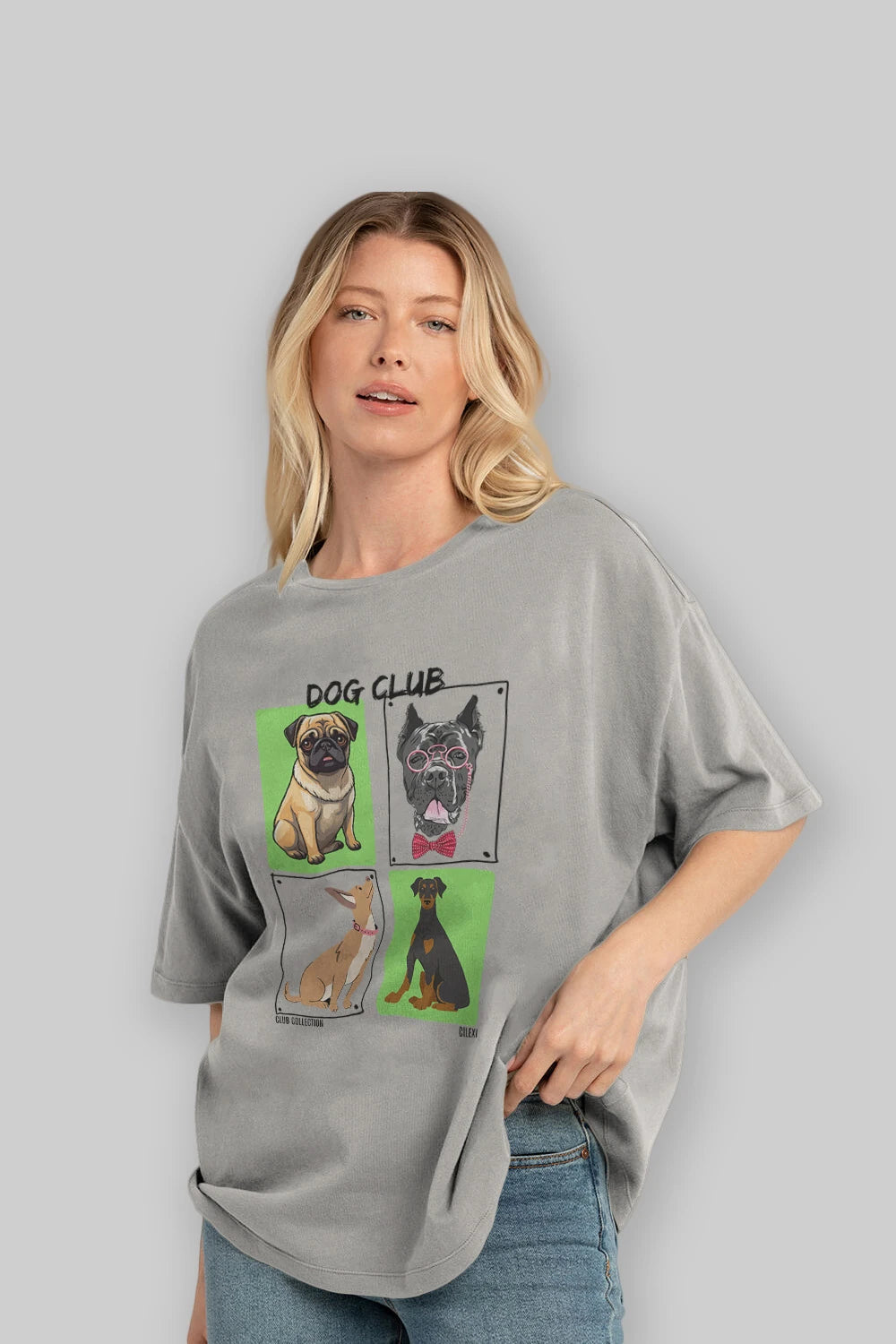 Dog Club ön Baskılı Oversize t-shirt Erkek Kadın %100 Pamuk Bisiklet Yaka tişort