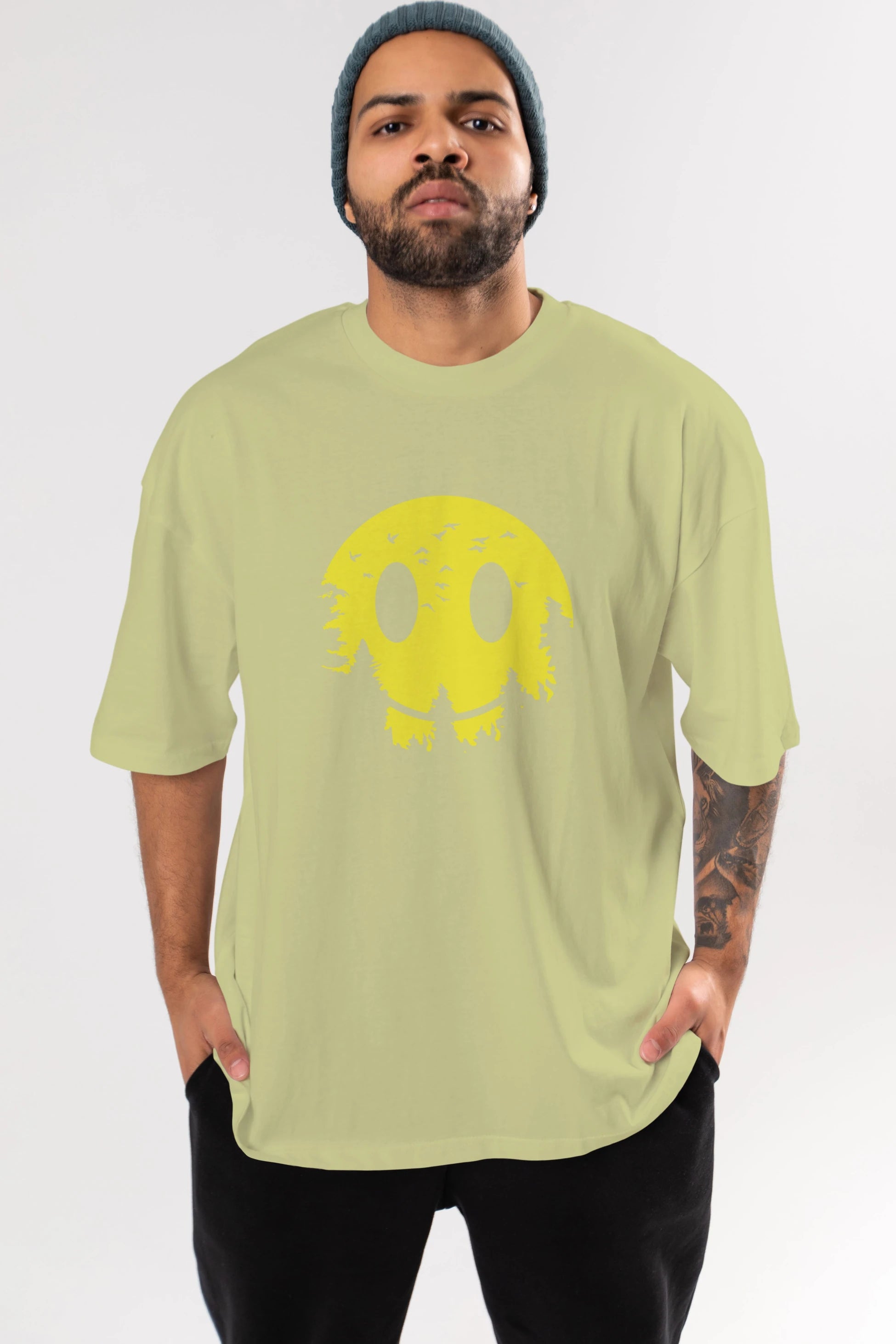 Smiley Moon Ön Baskılı Oversize t-shirt %100 pamuk Erkek Kadın Unisex