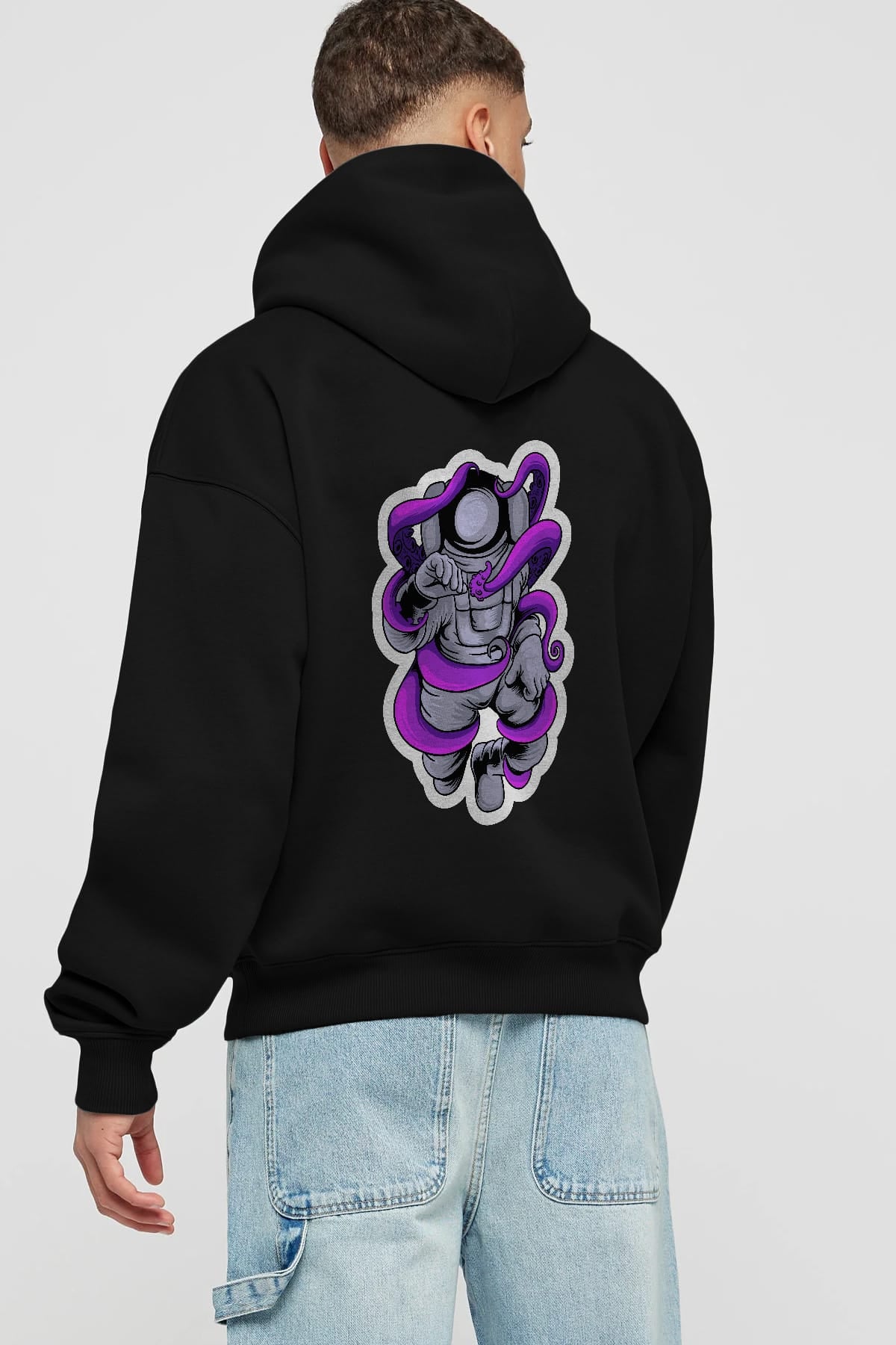 Astronaut fighting octopus sticker Arka Baskılı Hoodie Oversize Kapüşonlu Sweatshirt Erkek Kadın Unisex