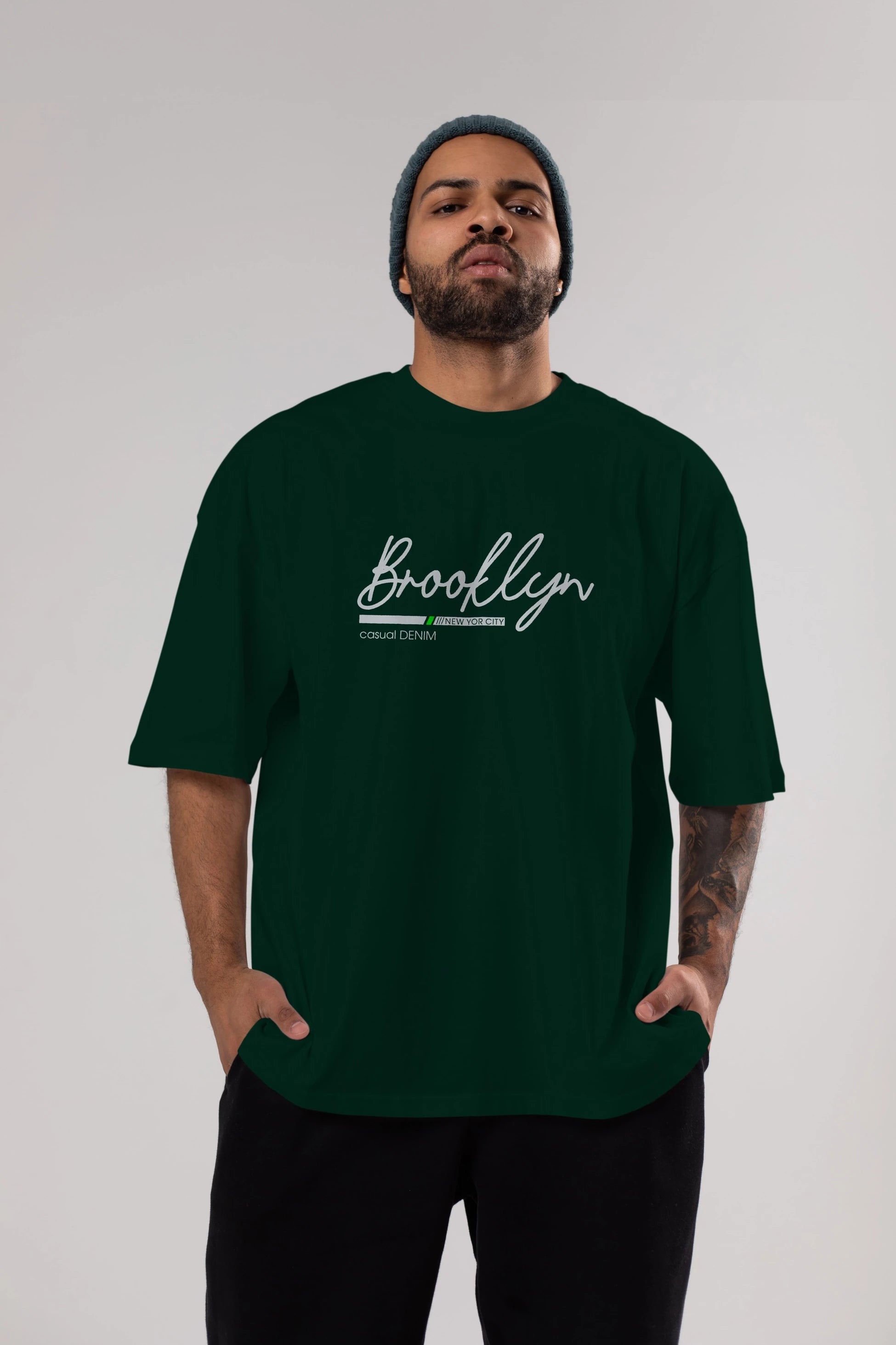 Brooklyn Denim Ön Baskılı Oversize t-shirt Erkek Kadın Unisex