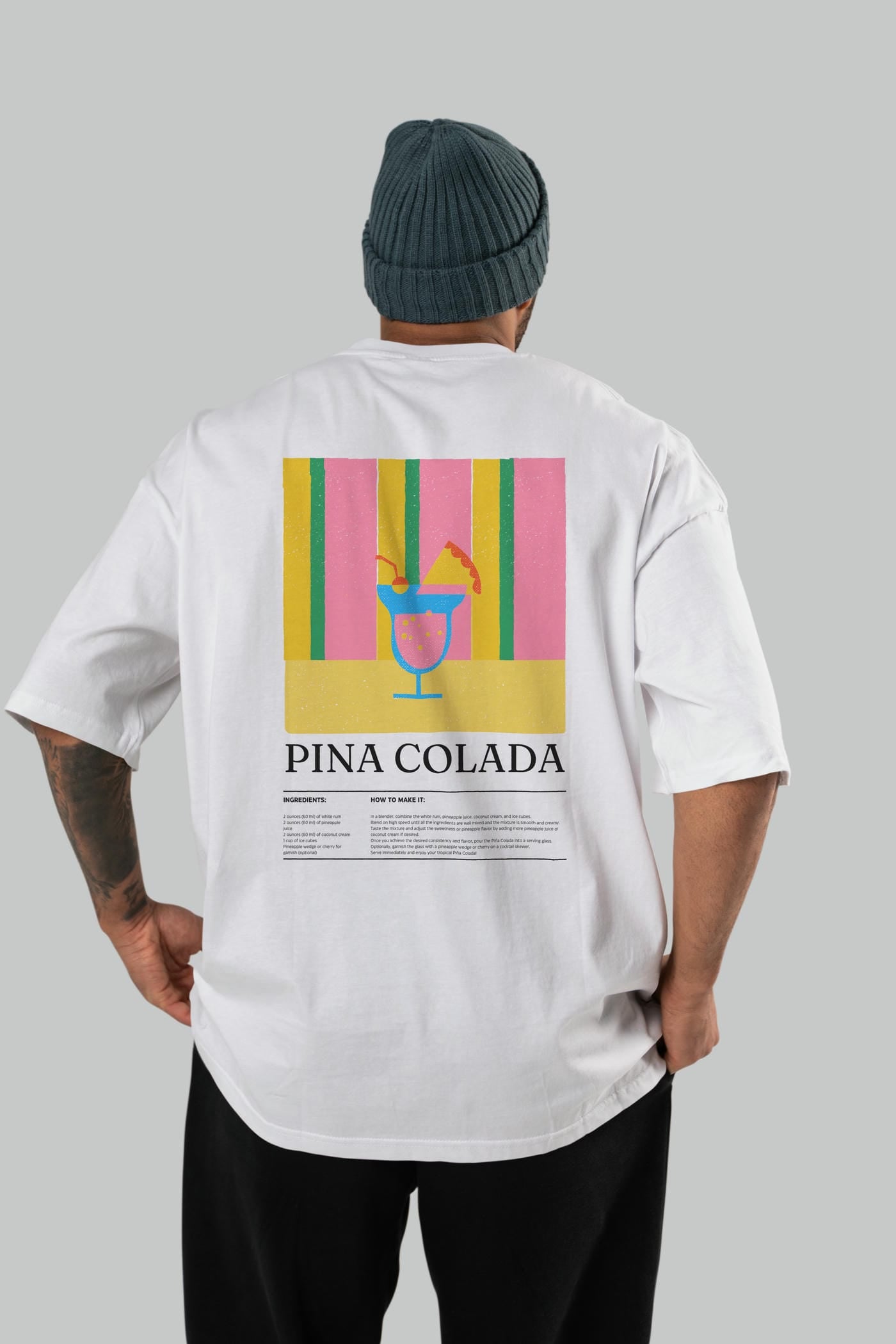 Pina Colada Kokteyl Serisi Arka Baskılı Oversize t-shirt Erkek Kadın %100 Pamuk Bisiklet Yaka tişort
