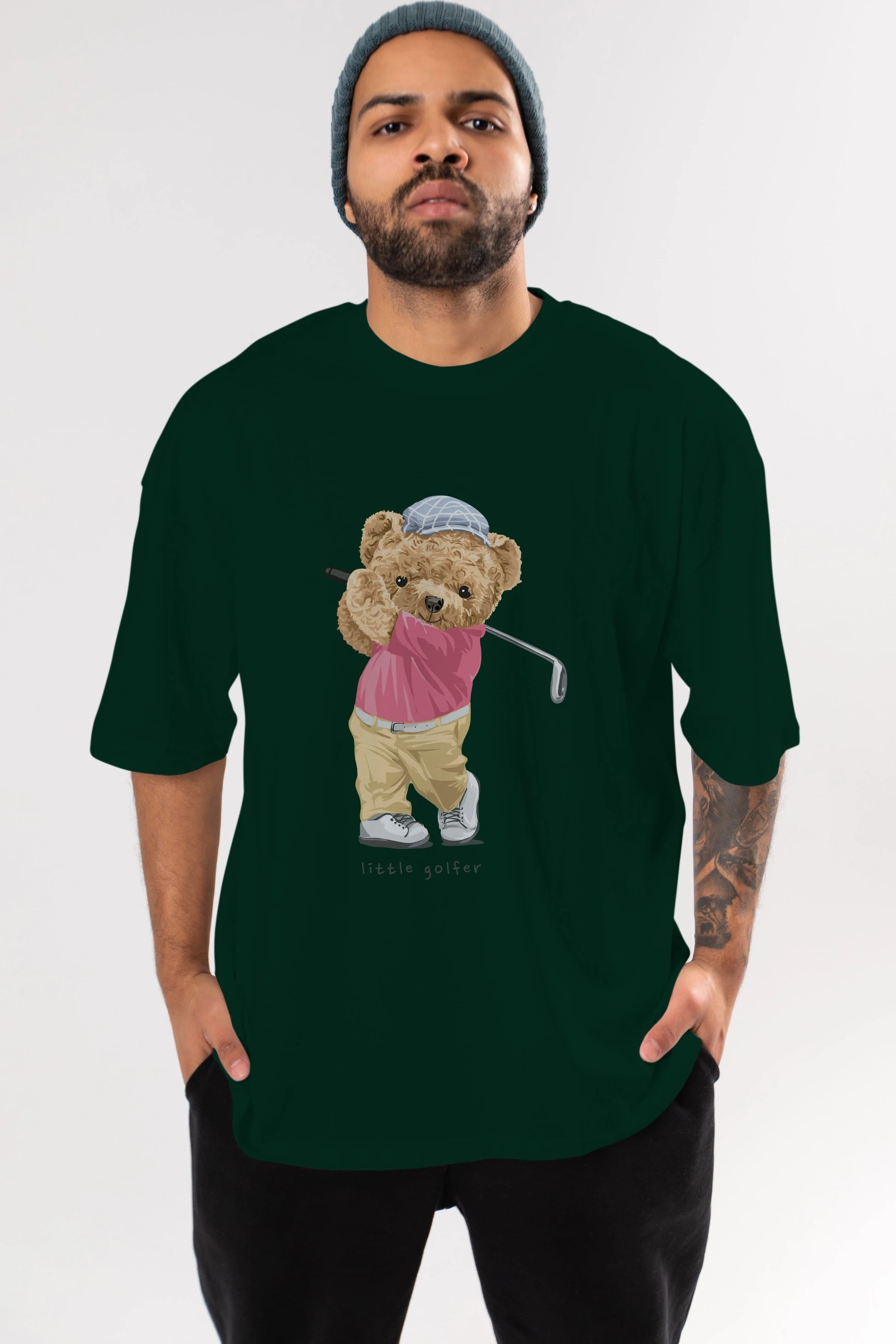 Teddy Bear Little Golfer Ön Baskılı Oversize t-shirt Erkek Kadın Unisex %100 Pamuk