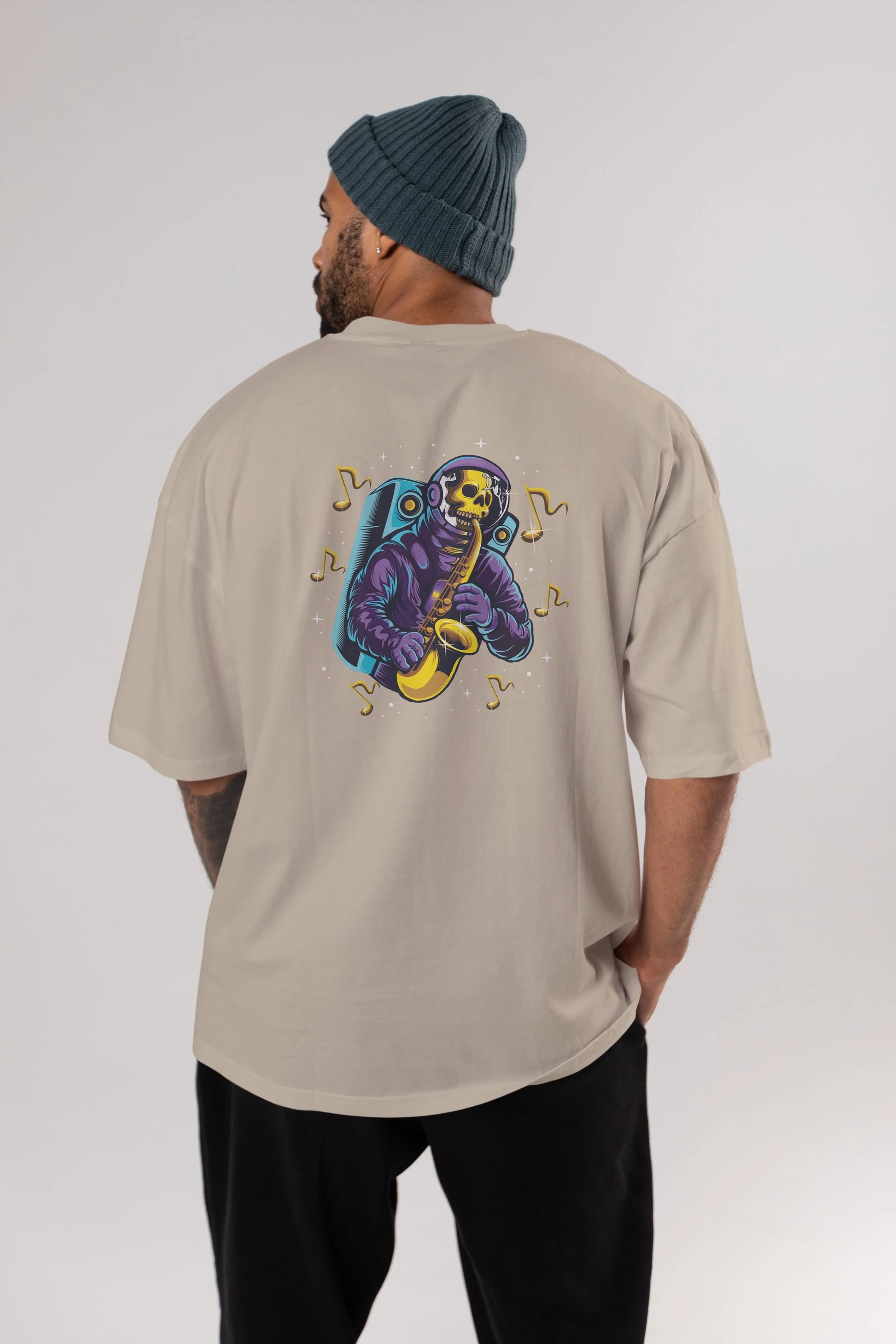 Astroskull Saxophonist Arka Baskılı Oversize t-shirt Erkek Kadın Unisex