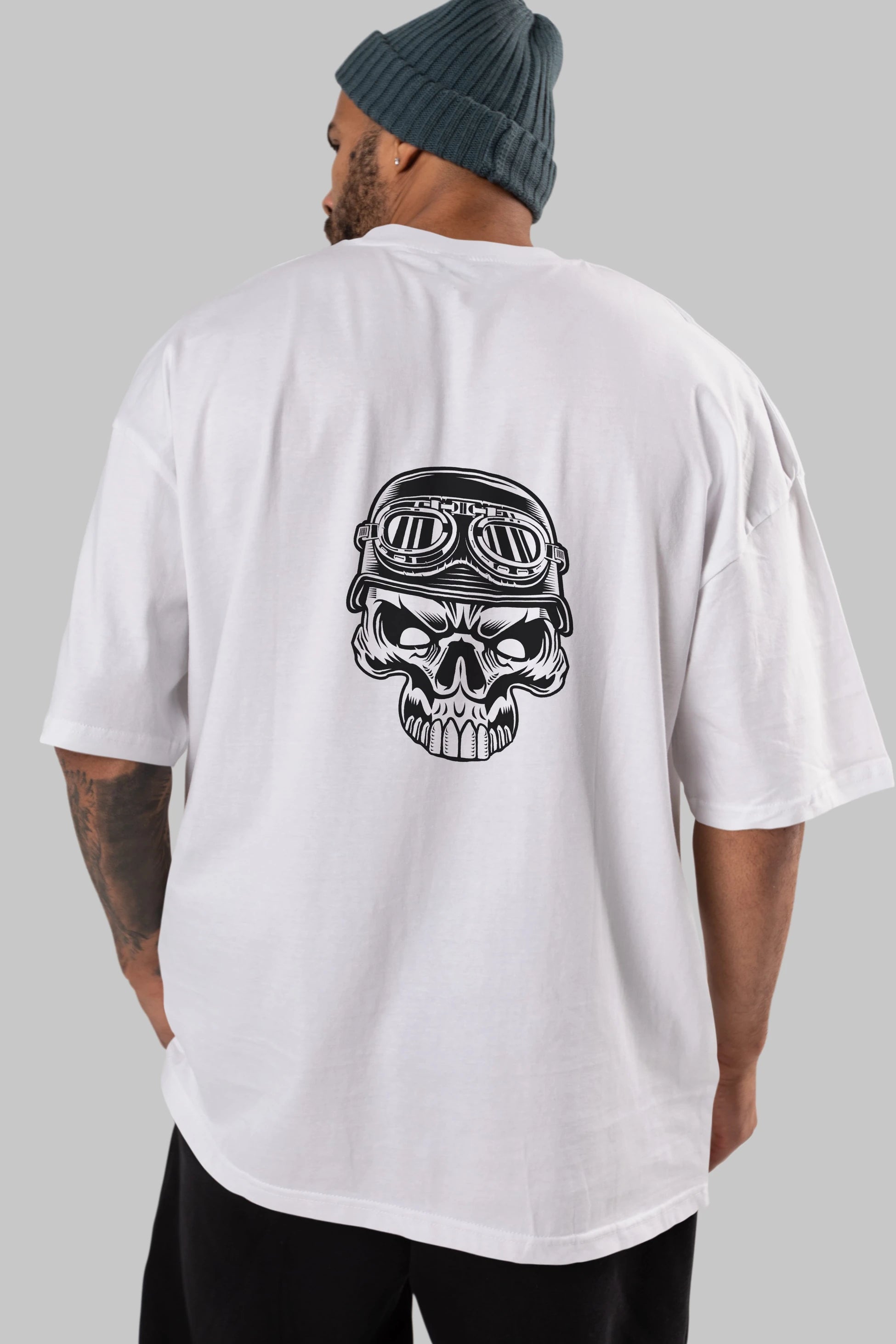 Biker Skull Helmet Arka Baskılı Oversize t-shirt Erkek Kadın Unisex %100 Pamuk tişort