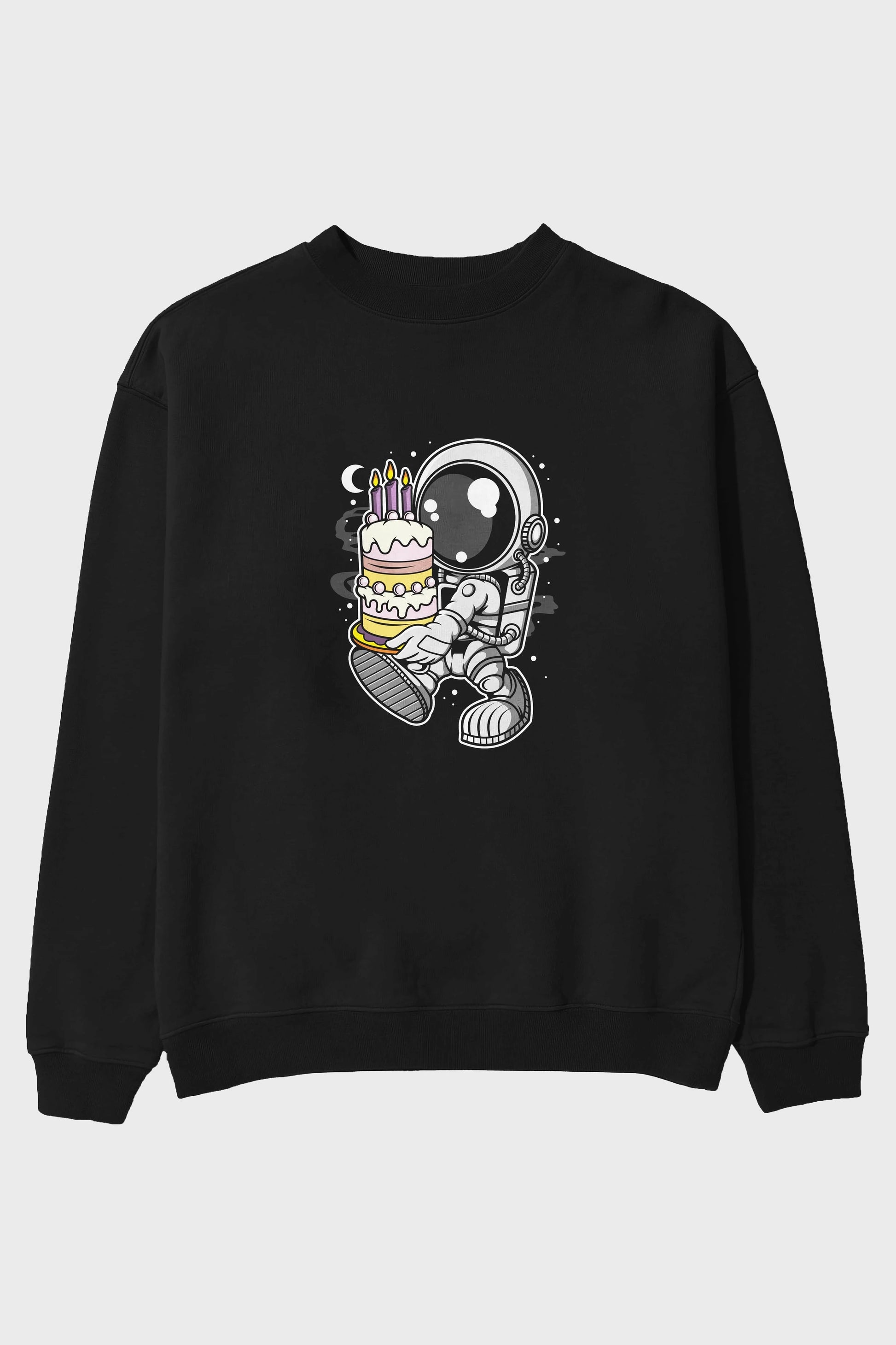 Astronaut Birthday Cake Ön Baskılı Oversize Sweatshirt Erkek Kadın Unisex