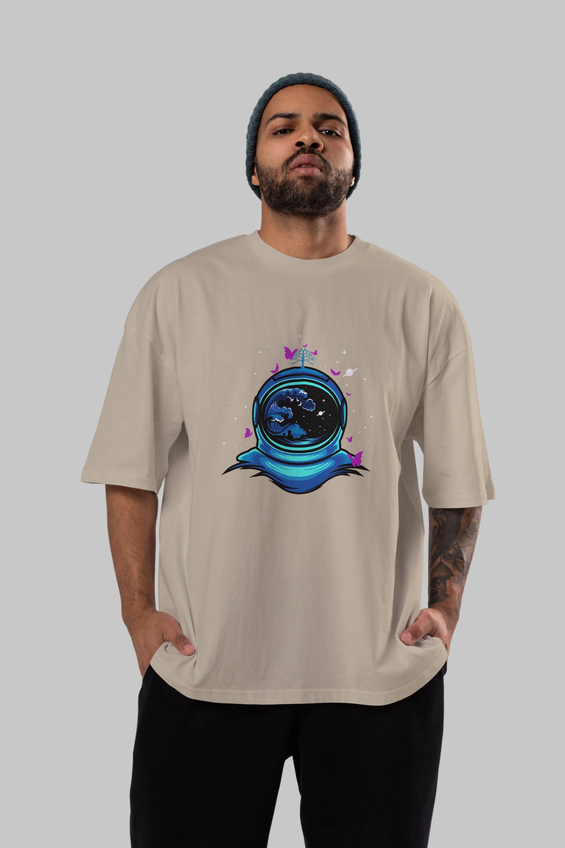Astronaut and Butterfly Ön Baskılı Oversize t-shirt Erkek Kadın Unisex