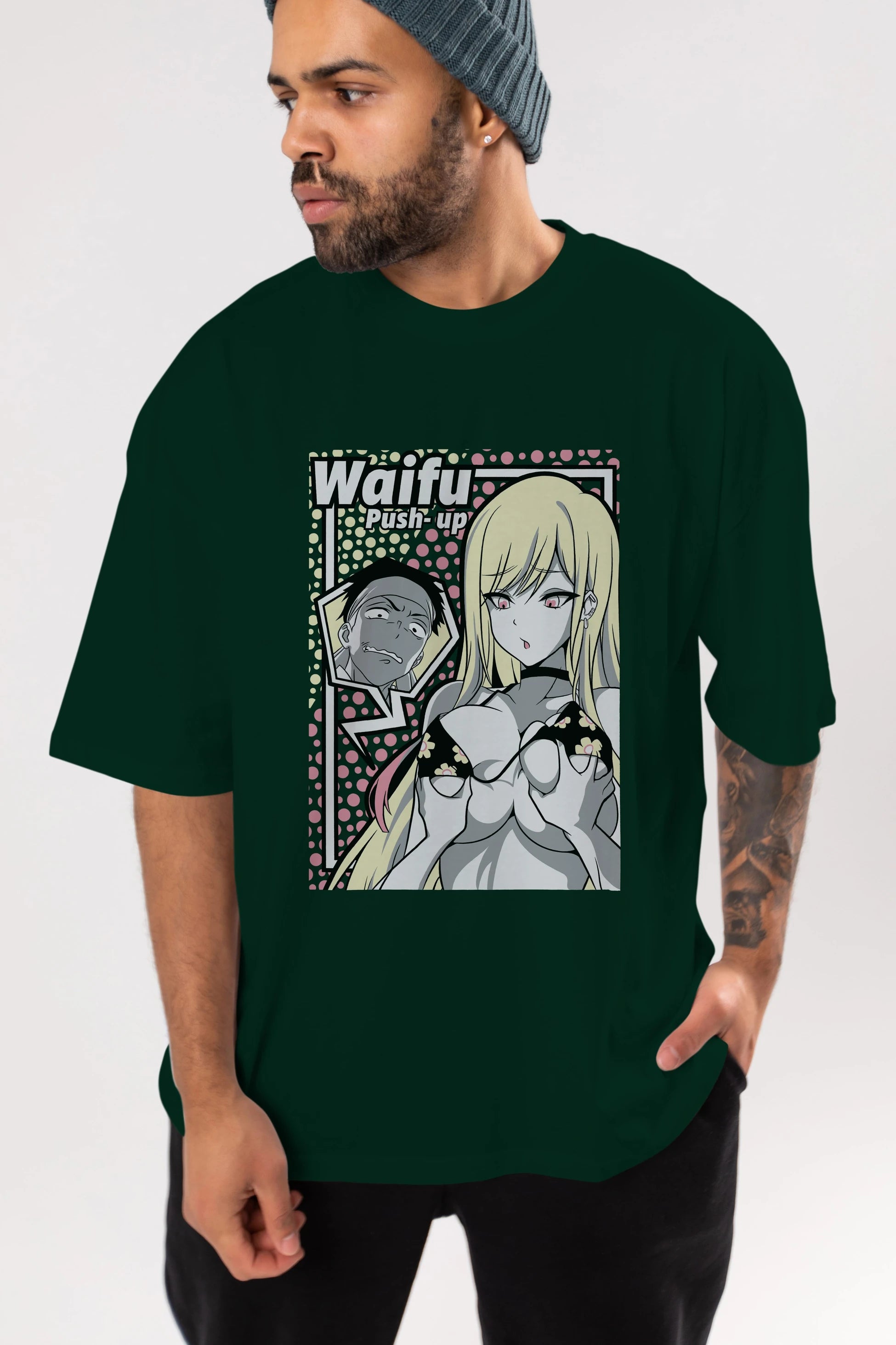 Waifu PushUp Anime Ön Baskılı Oversize t-shirt %100 pamuk Erkek Kadın Unisex