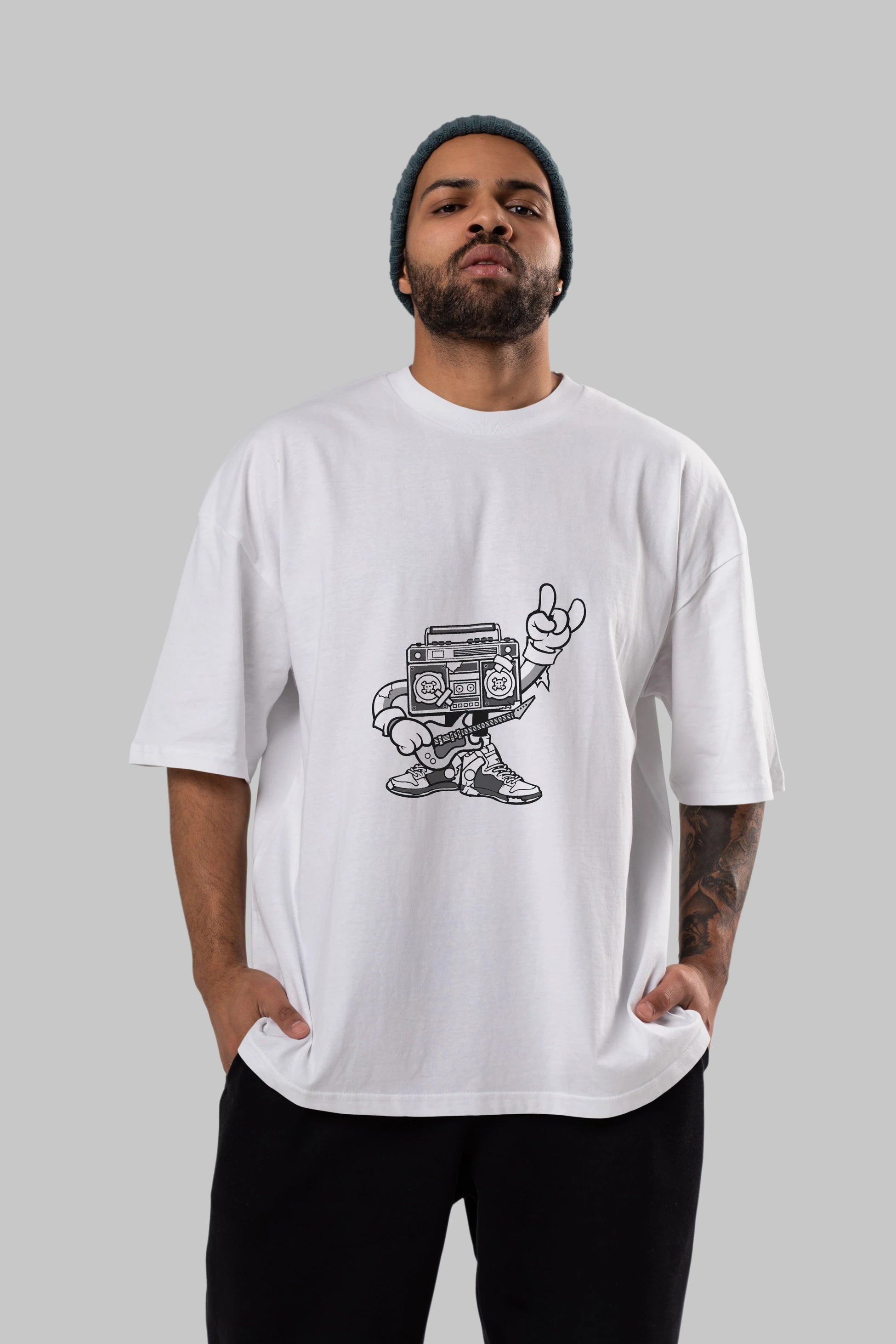 Boombox Rockstar Ön Baskılı Oversize t-shirt Erkek Kadın Unisex %100 Pamuk tişort