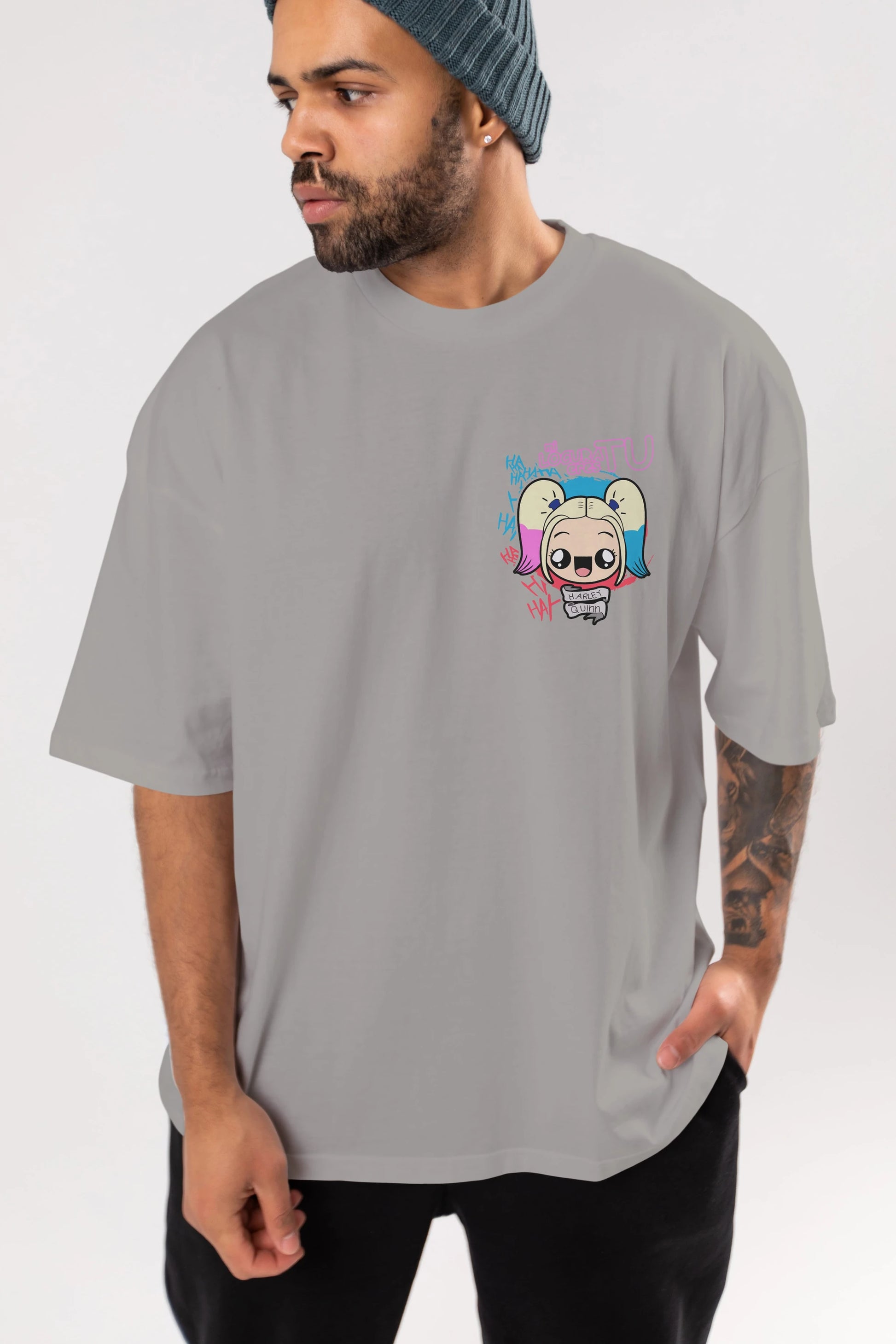 Harley Quinn Ön Sol Baskılı Oversize t-shirt Erkek Kadın Unisex %100 Pamuk Bisiklet Yaka tişort