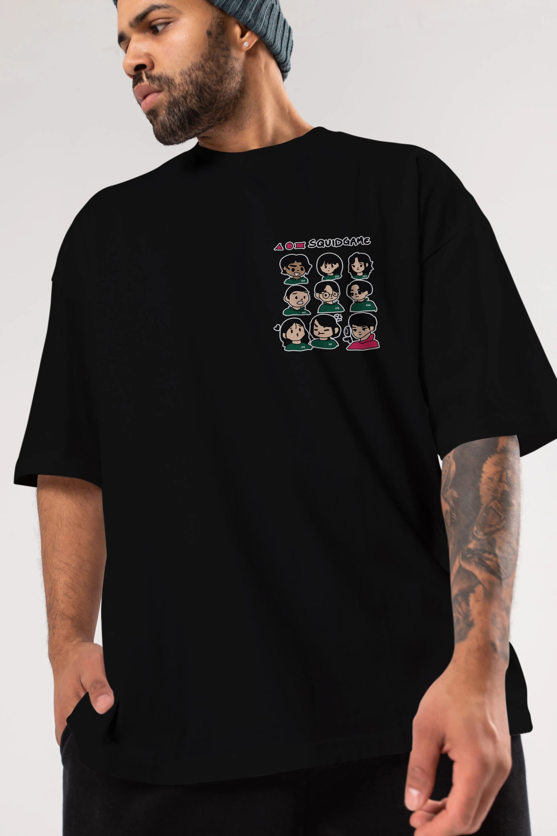 Squid Game (3) Ön Sol Baskılı Oversize t-shirt Erkek Kadın Unisex %100 Pamuk Bisiklet Yaka tişort