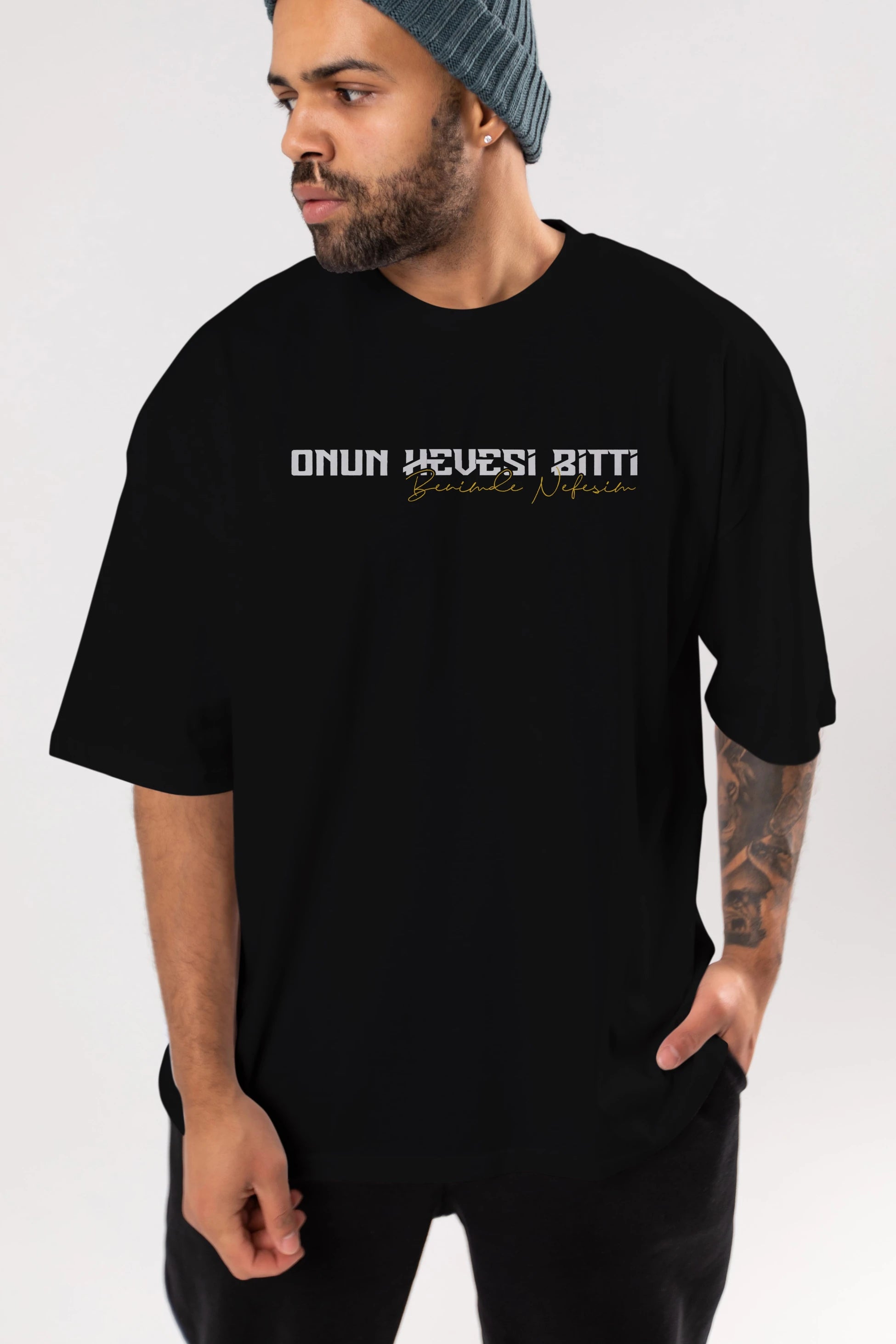 Onun Hevesi Bitti Benim Ön Baskılı Oversize t-shirt %100 pamuk Erkek Kadın Unisex