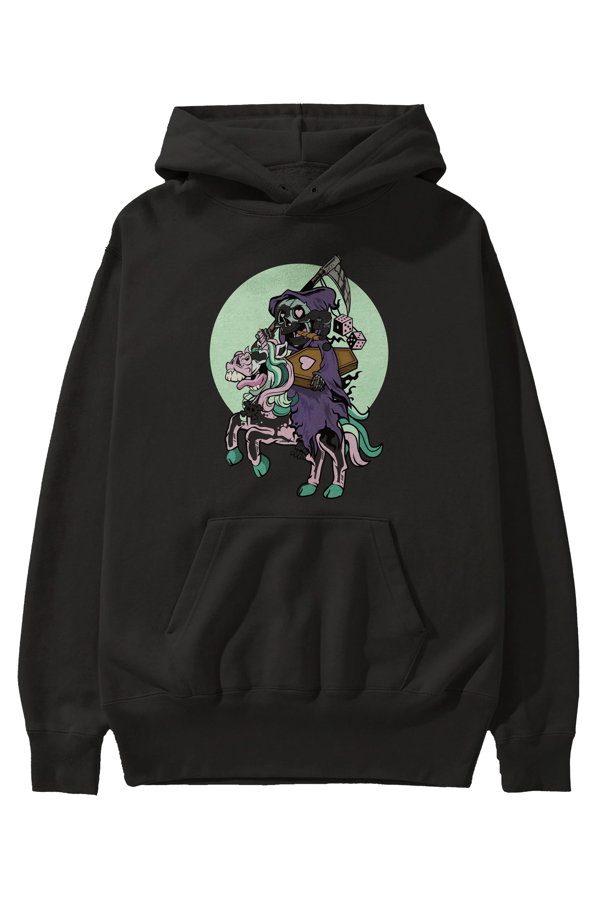 Grim Reaper Riding Unicorn Ön Baskılı Hoodie Oversize Kapüşonlu Sweatshirt Erkek Kadın Unisex