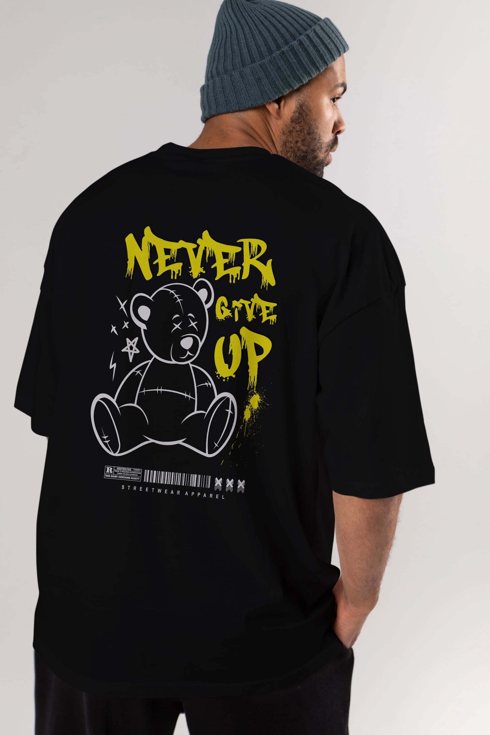 Teddy Bear Never Give Up Arka Baskılı Oversize t-shirt Erkek Kadın Unisex