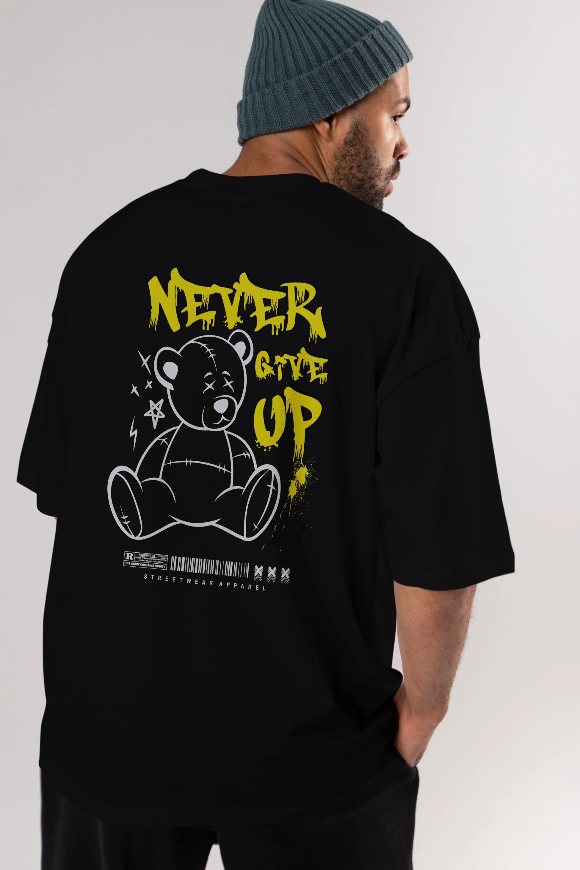 Teddy Bear Never Give Up Arka Baskılı Oversize t-shirt Erkek Kadın Unisex