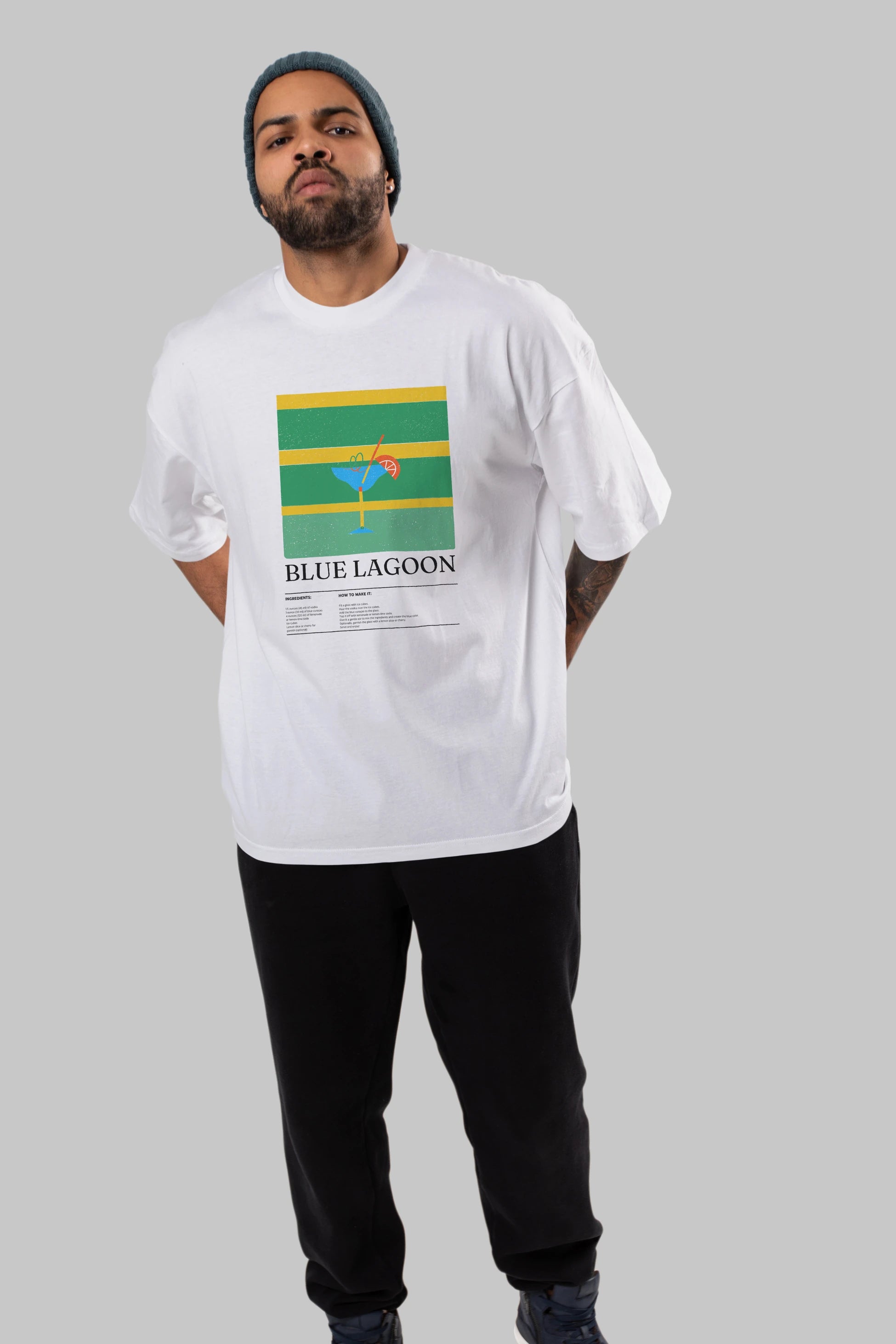 Blue Lagoon Kokteyl Ön Baskılı Oversize t-shirt Erkek Kadın %100 Pamuk Bisiklet Yaka tişort