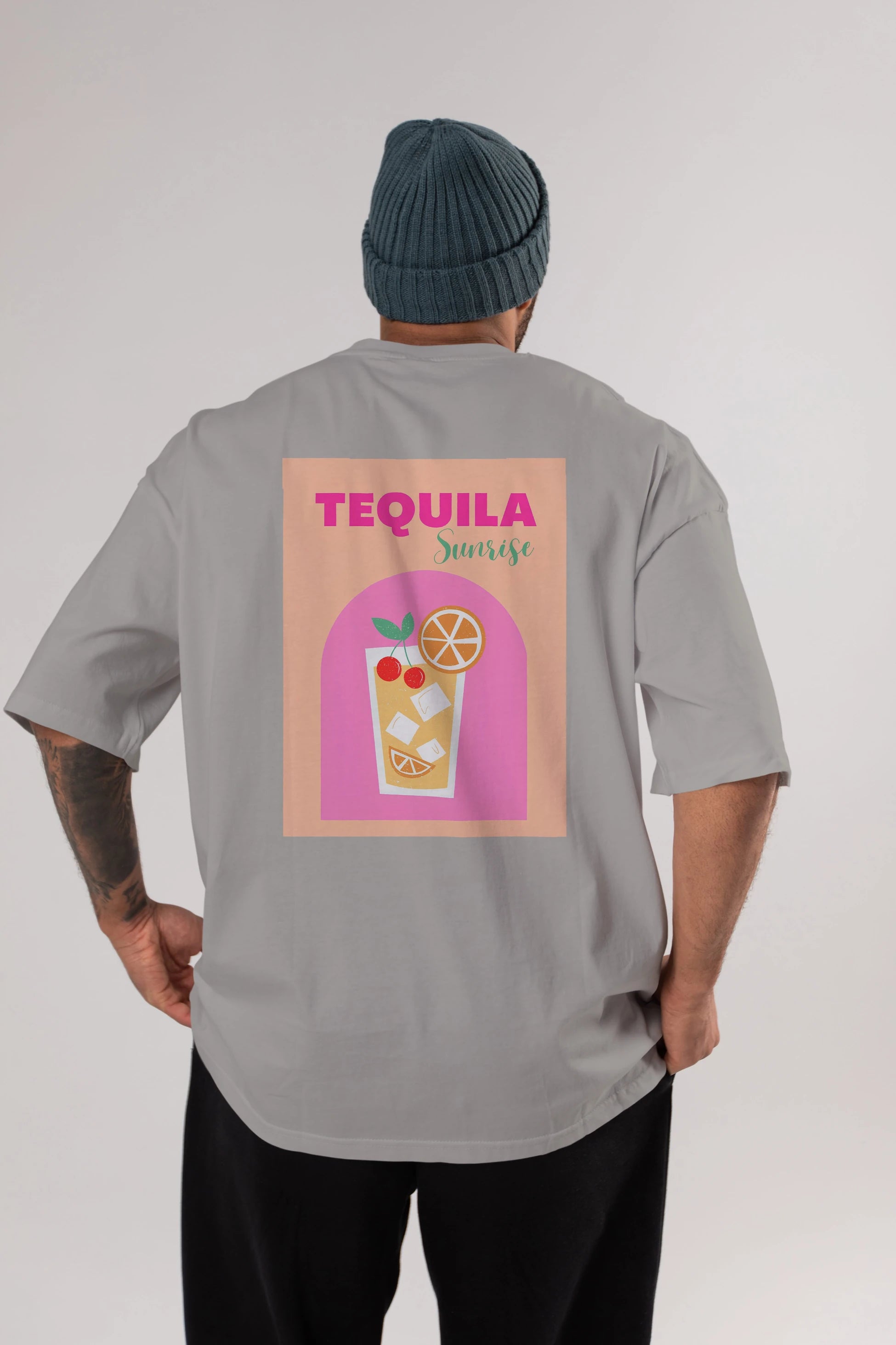 Tequila Sunrise 2 Arka Baskılı Oversize t-shirt Erkek Kadın Unisex %100 Pamuk Bisiklet Yaka tişort
