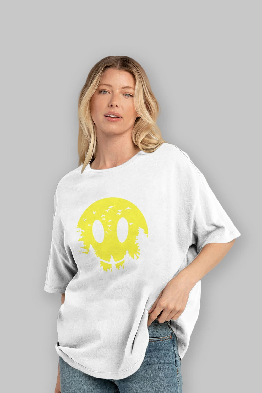 Smiley Moon Ön Baskılı Oversize t-shirt %100 pamuk Erkek Kadın Unisex