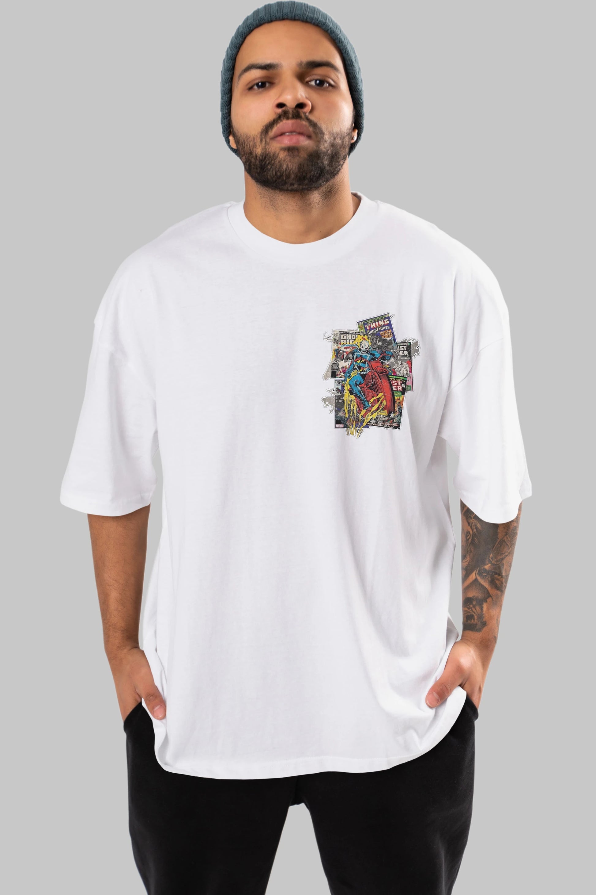 Ghost Rider Ön Sol Baskılı Oversize t-shirt Erkek Kadın Unisex %100 Pamuk Bisiklet Yaka tişort