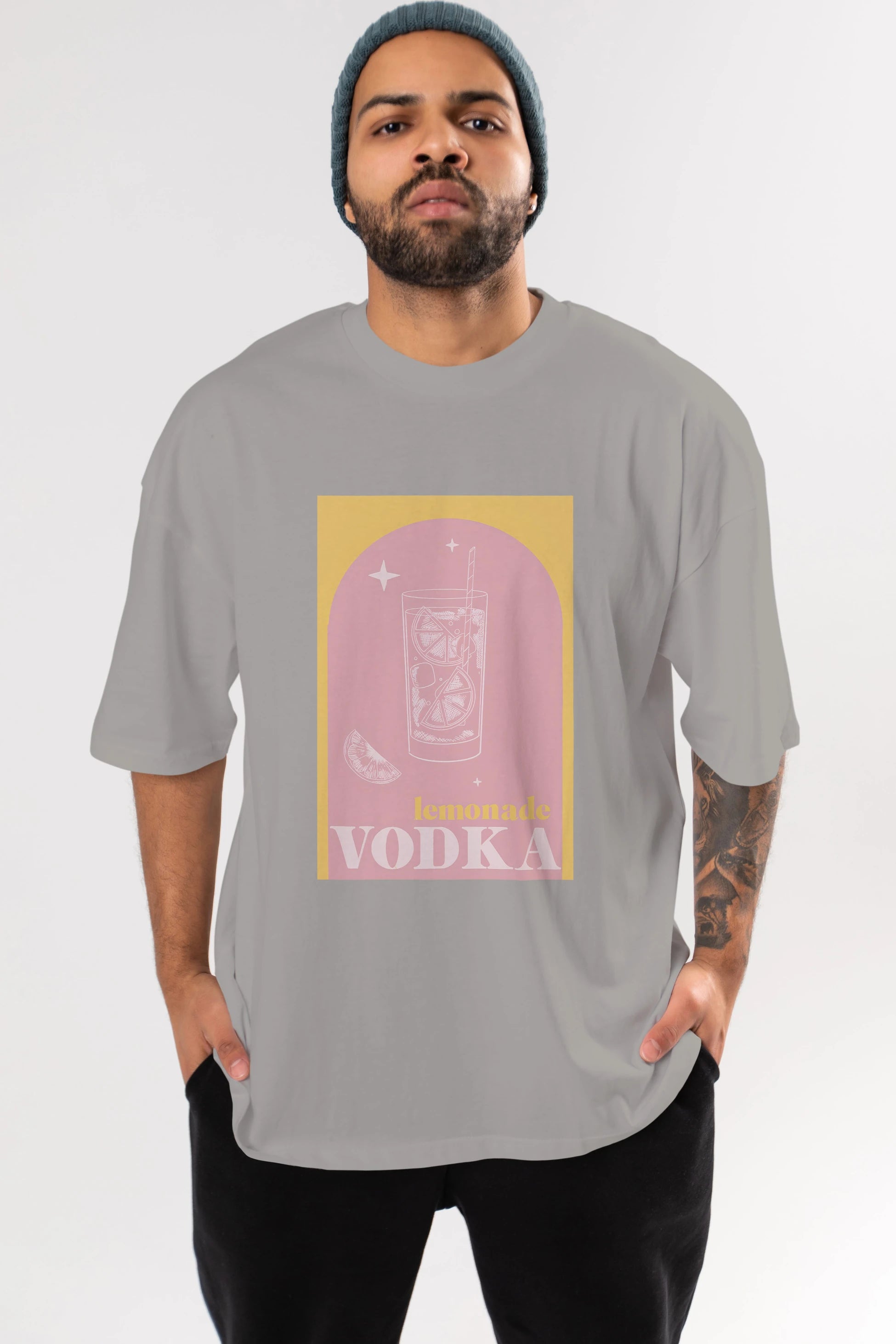 Vodka Limon Ön Baskılı Oversize t-shirt Erkek Kadın Unisex %100 Pamuk Bisiklet Yaka tişort