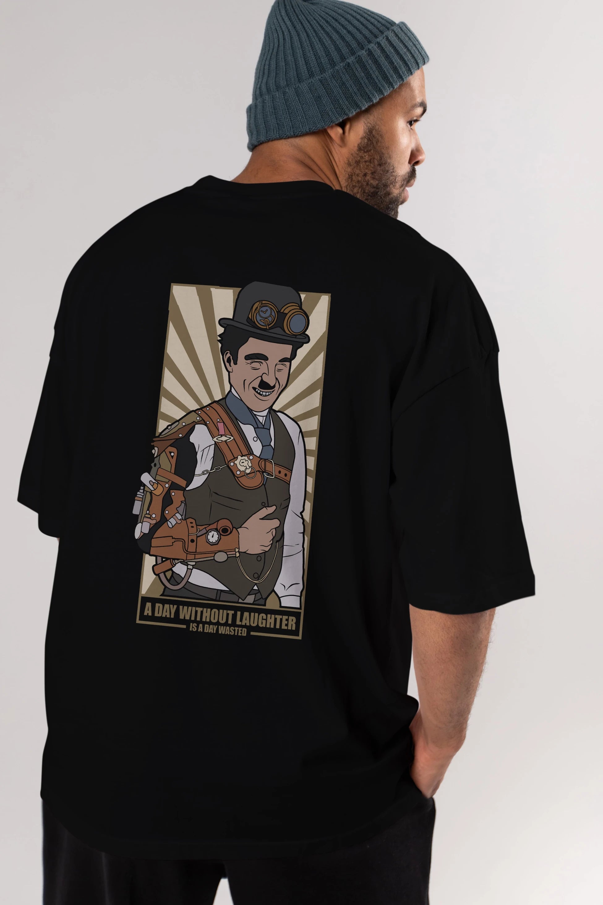 Steampunk Chaplin Arka Baskılı Oversize t-shirt Erkek Kadın Unisex %100 Pamuk tişort