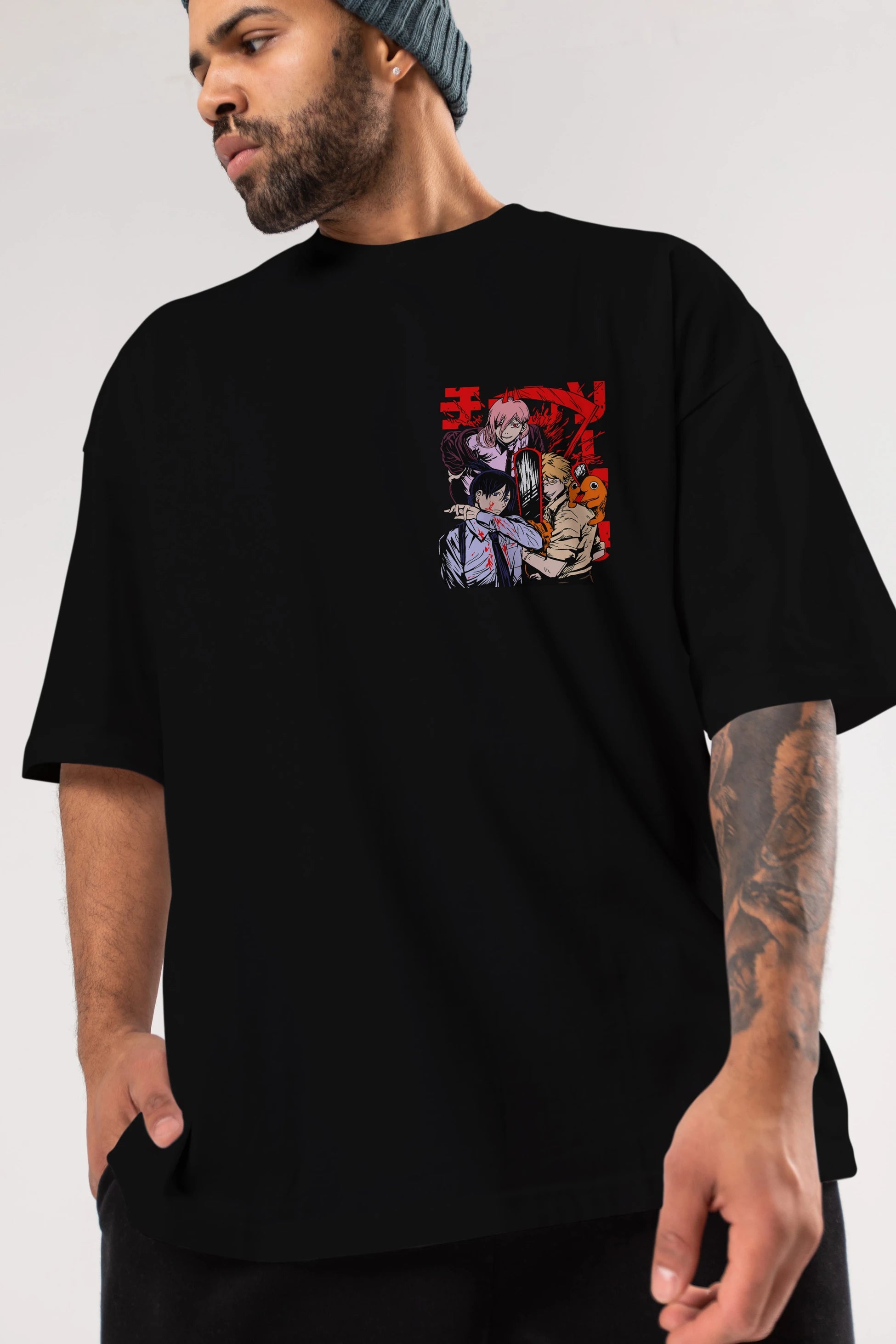 CHAINSAWMAN CREW Ön Sol Baskılı Oversize t-shirt Erkek Kadın Unisex %100 Pamuk Bisiklet Yaka tişort