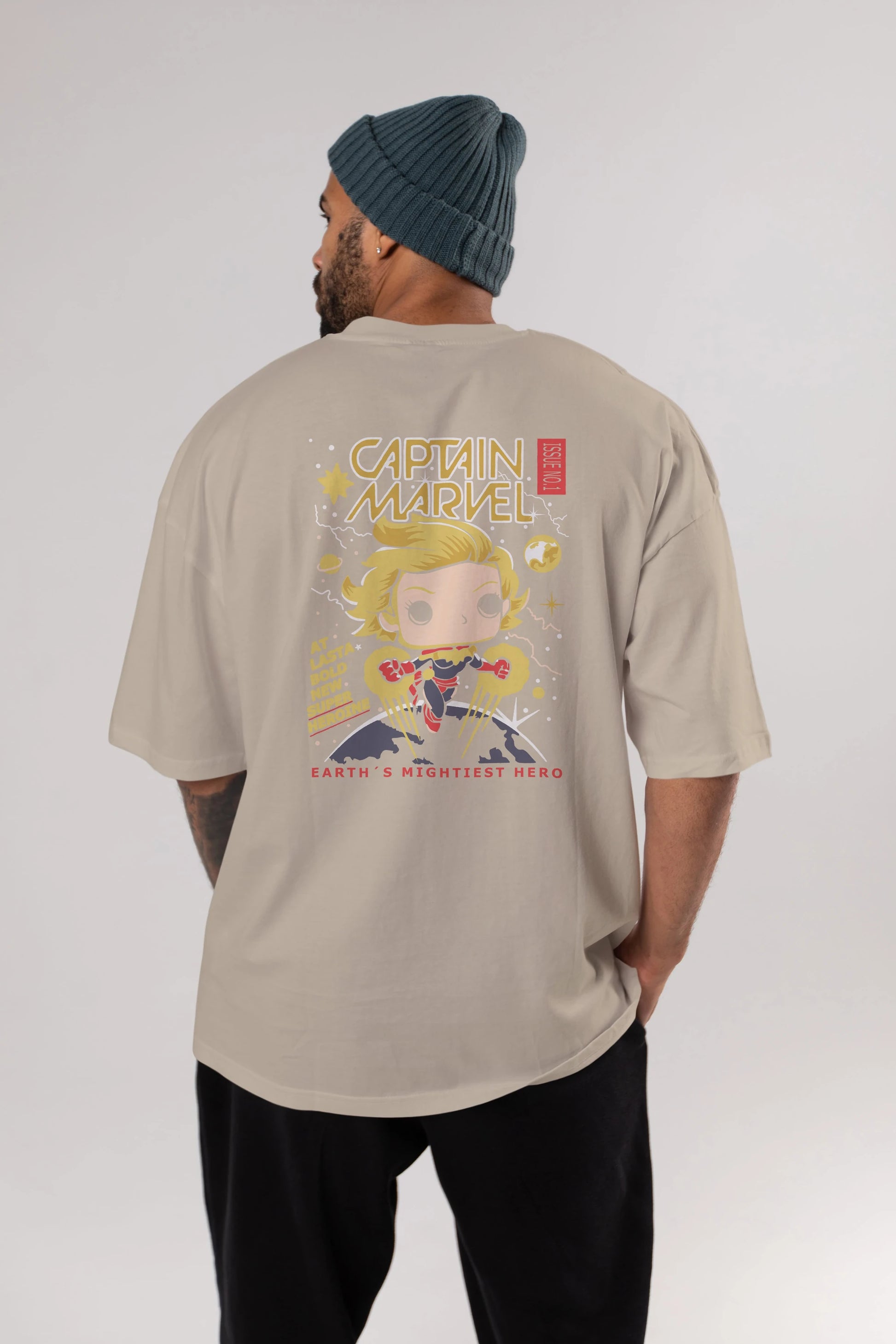 Captain Marvel Arka Baskılı Oversize t-shirt Erkek Kadın Unisex %100 Pamuk Bisiklet Yaka tişort