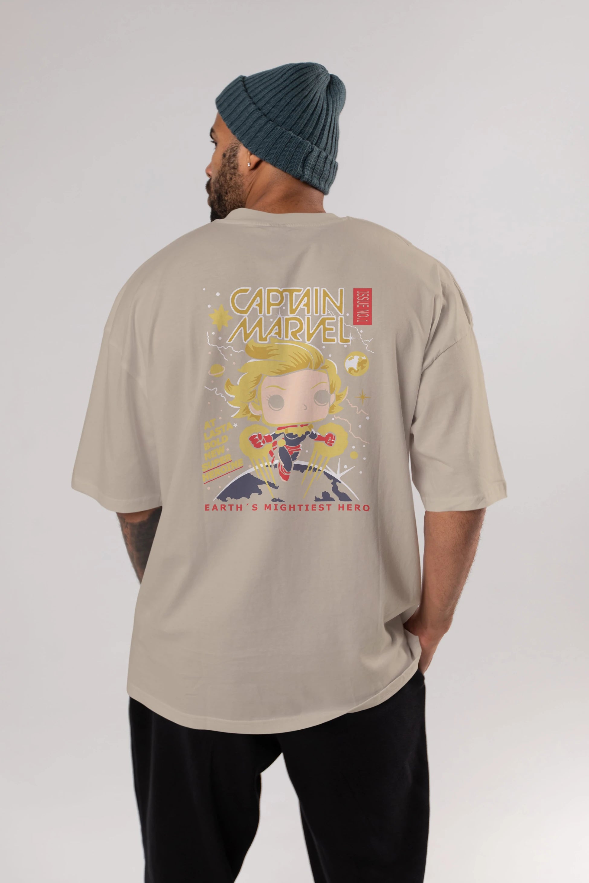Captain Marvel Arka Baskılı Oversize t-shirt Erkek Kadın Unisex %100 Pamuk Bisiklet Yaka tişort