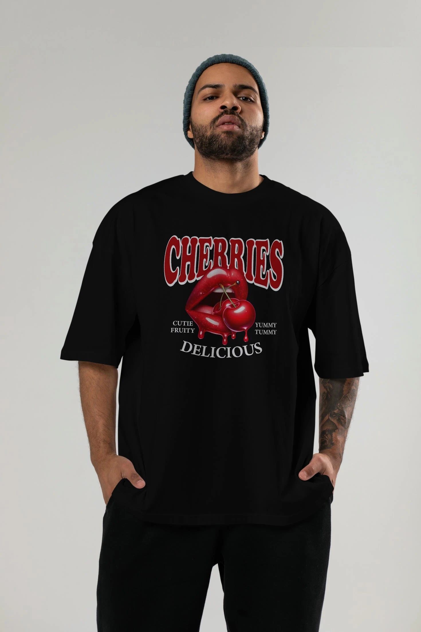 Cherry Cherries 2 Ön Baskılı Oversize t-shirt Erkek Kadın Pamuk Bisiklet Yaka tişort