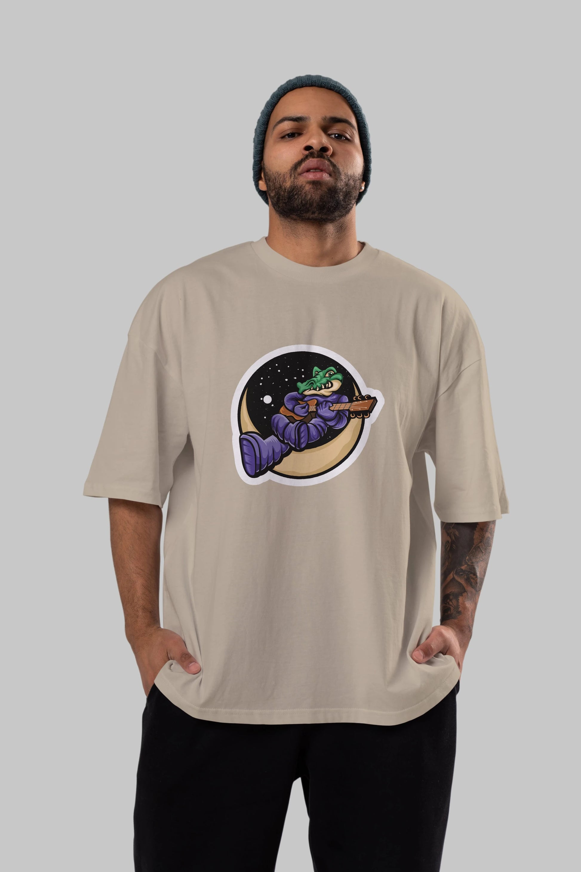 Space Crocodile Sticker Ön Baskılı Oversize t-shirt Erkek Kadın Unisex