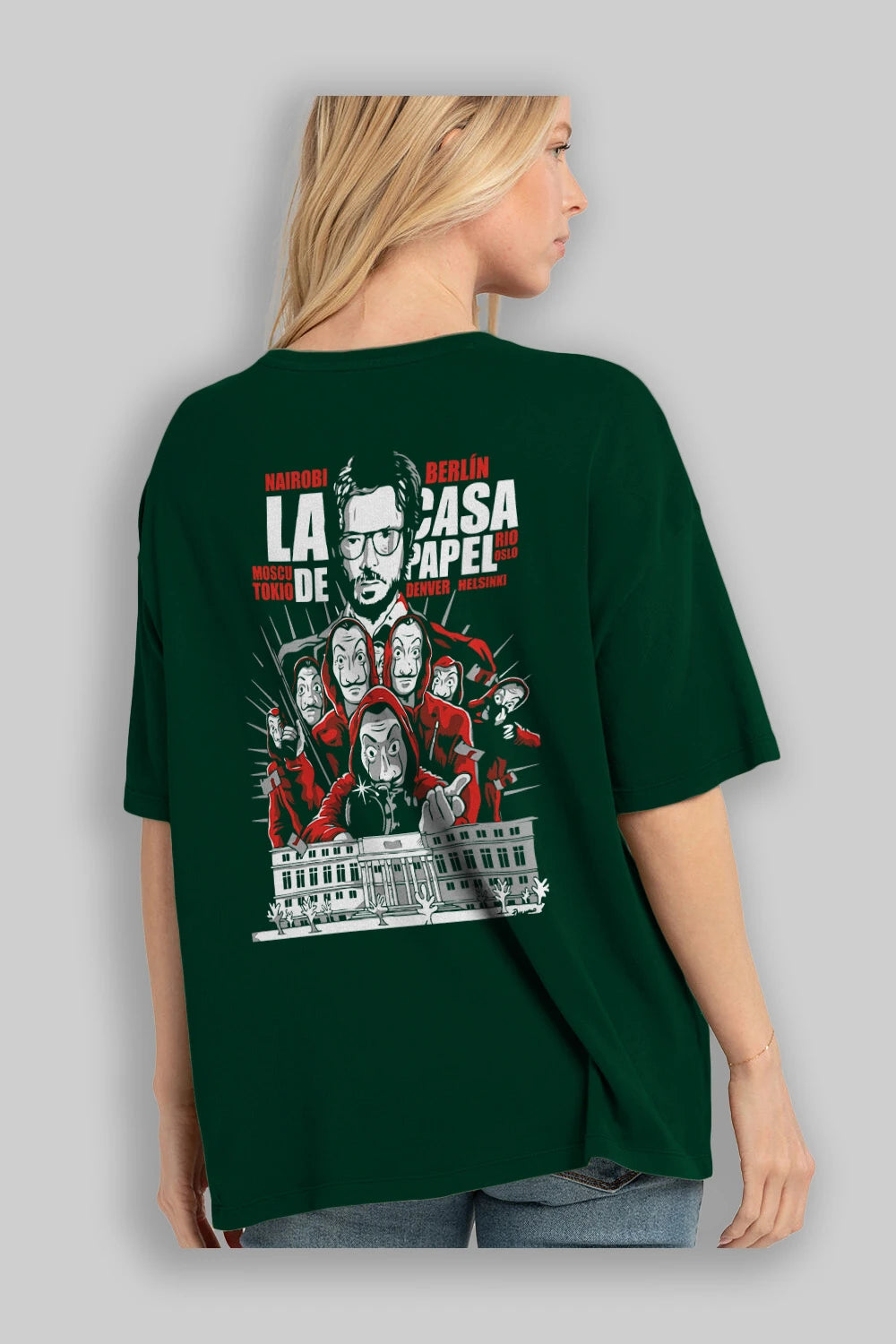 La Casa De Papel (2) Arka Baskılı Oversize t-shirt Erkek Kadın Unisex %100 Pamuk Bisiklet Yaka tişort