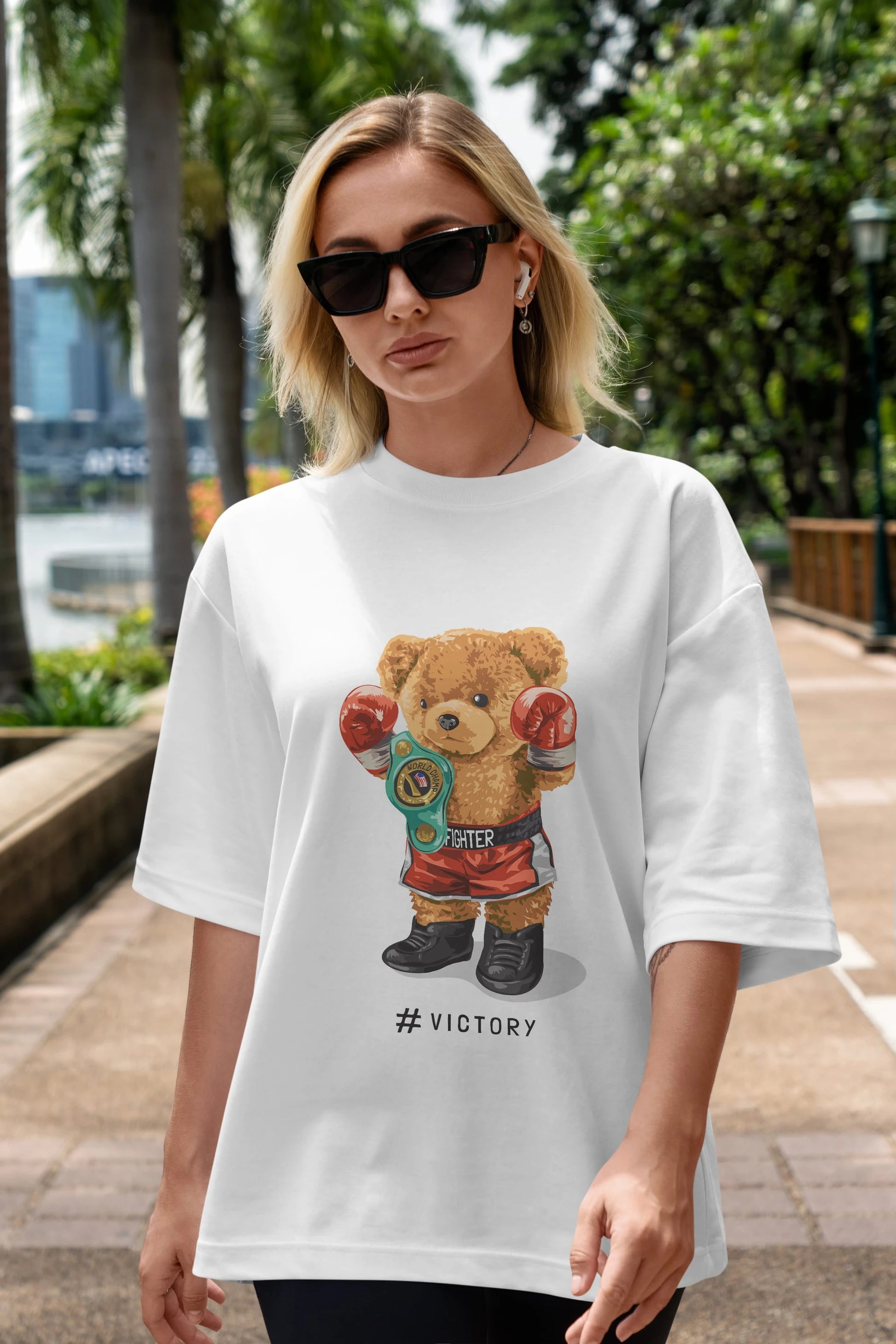 Teddy Bear Victory Ön Baskılı Oversize t-shirt Erkek Kadın Unisex %100 Pamuk