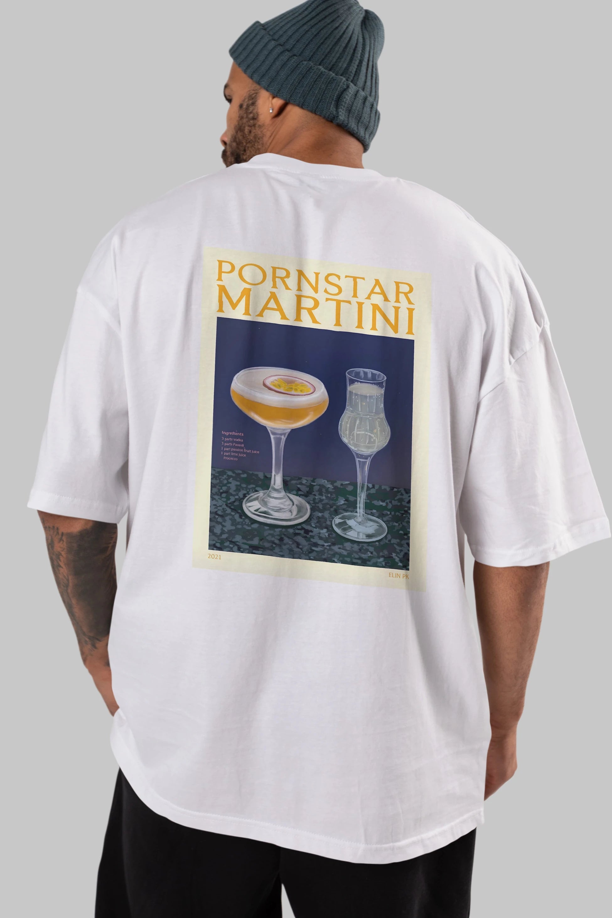 P.rnstar Martini Arka Baskılı Oversize t-shirt Erkek Kadın Unisex %100 Pamuk Bisiklet Yaka tişort