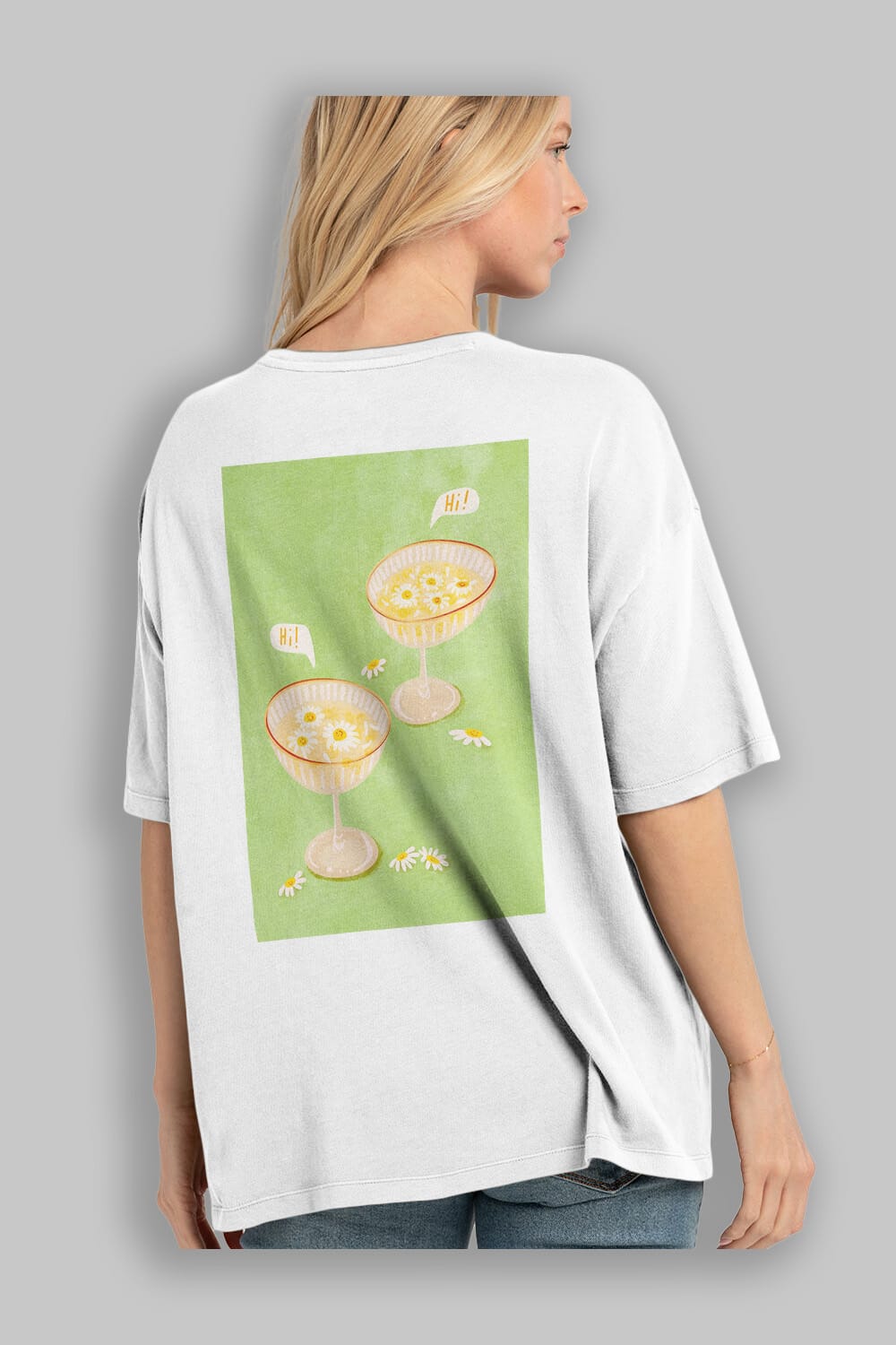 Hi Cheers Arka Baskılı Oversize t-shirt Erkek Kadın Unisex %100 Pamuk Bisiklet Yaka tişort