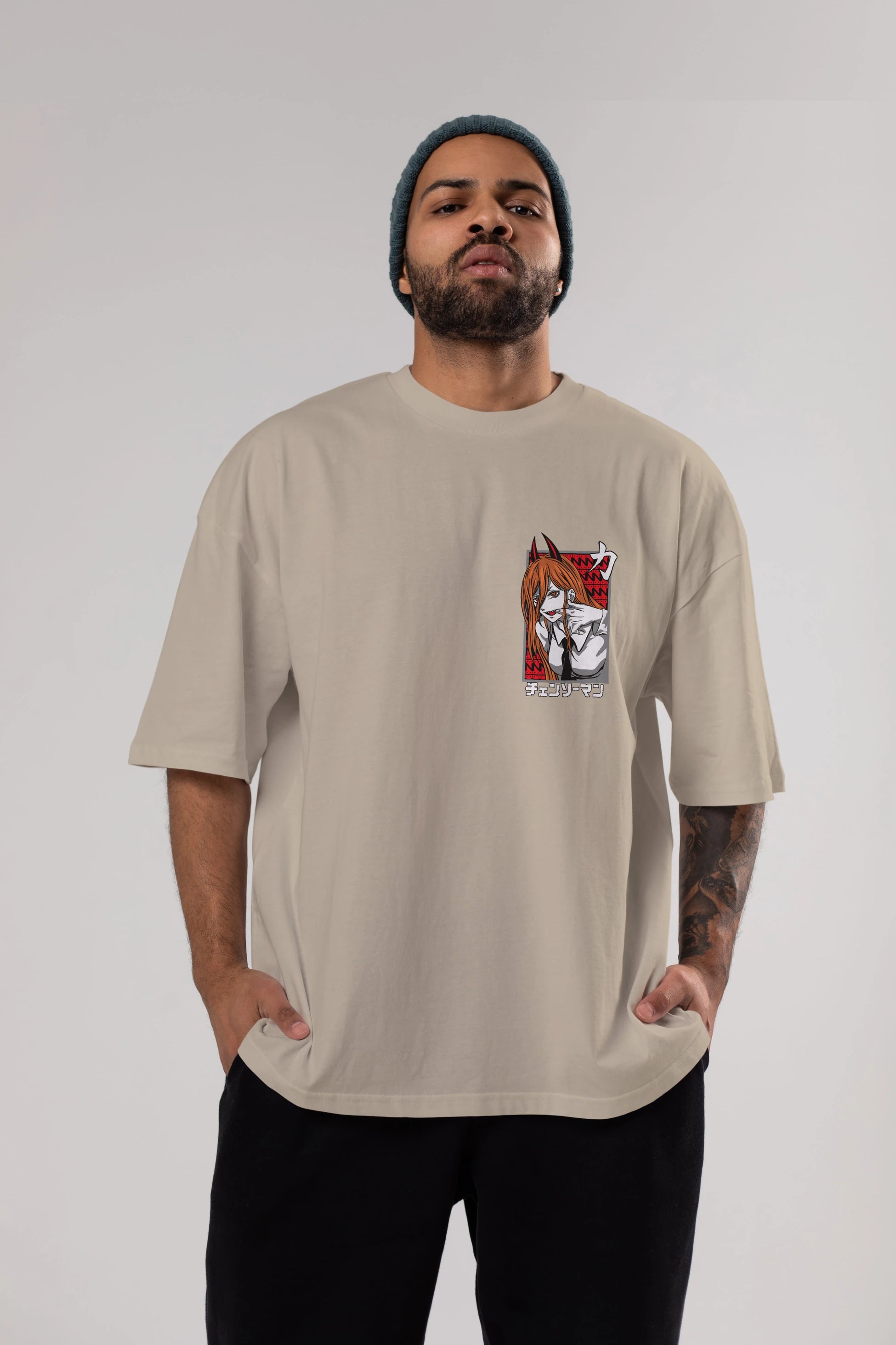 CHAINSAWMAN POWER Ön Sol Baskılı Oversize t-shirt Erkek Kadın Unisex %100 Pamuk Bisiklet Yaka tişort