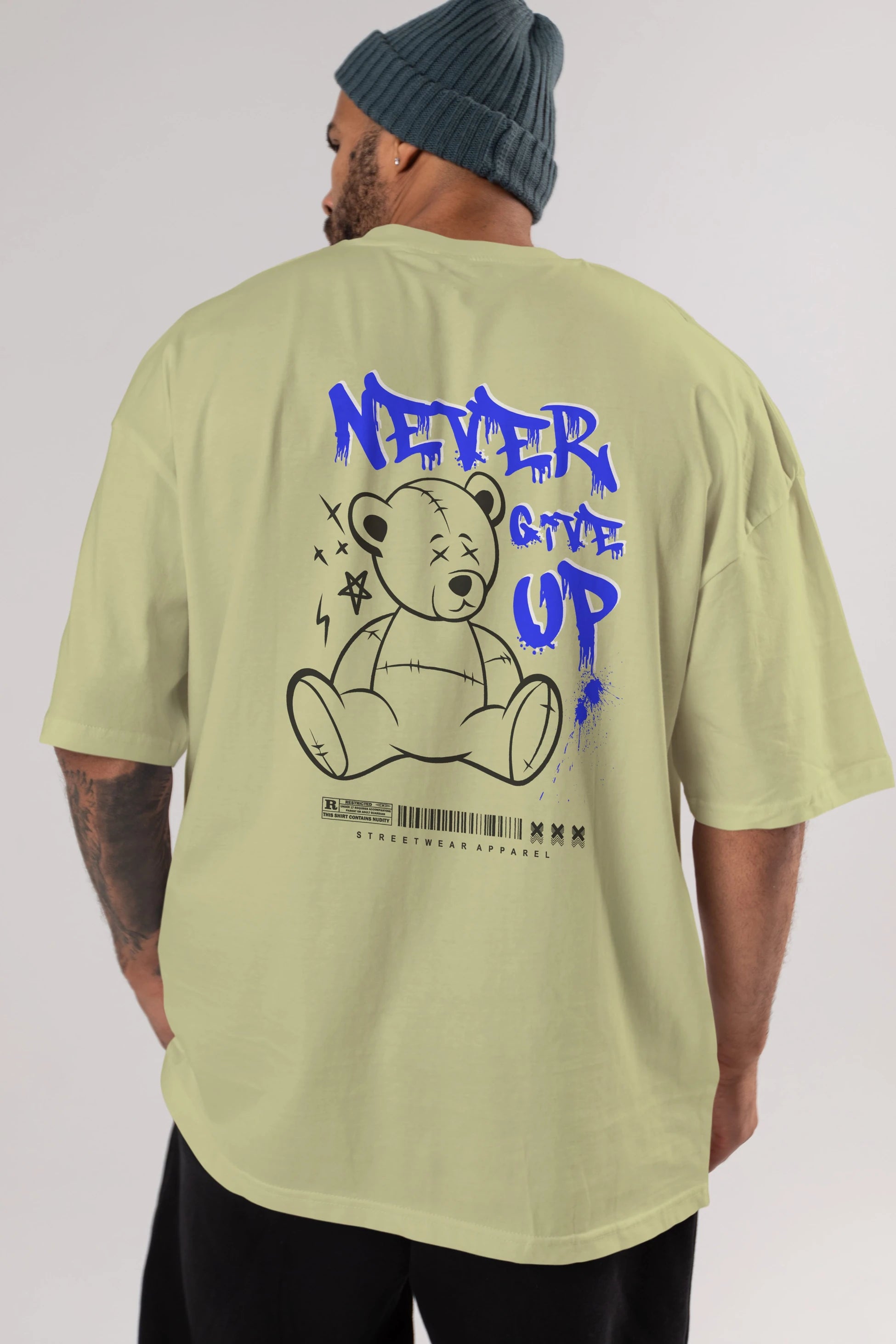 Teddy Bear Never Give Up Arka Baskılı Oversize t-shirt Erkek Kadın Unisex