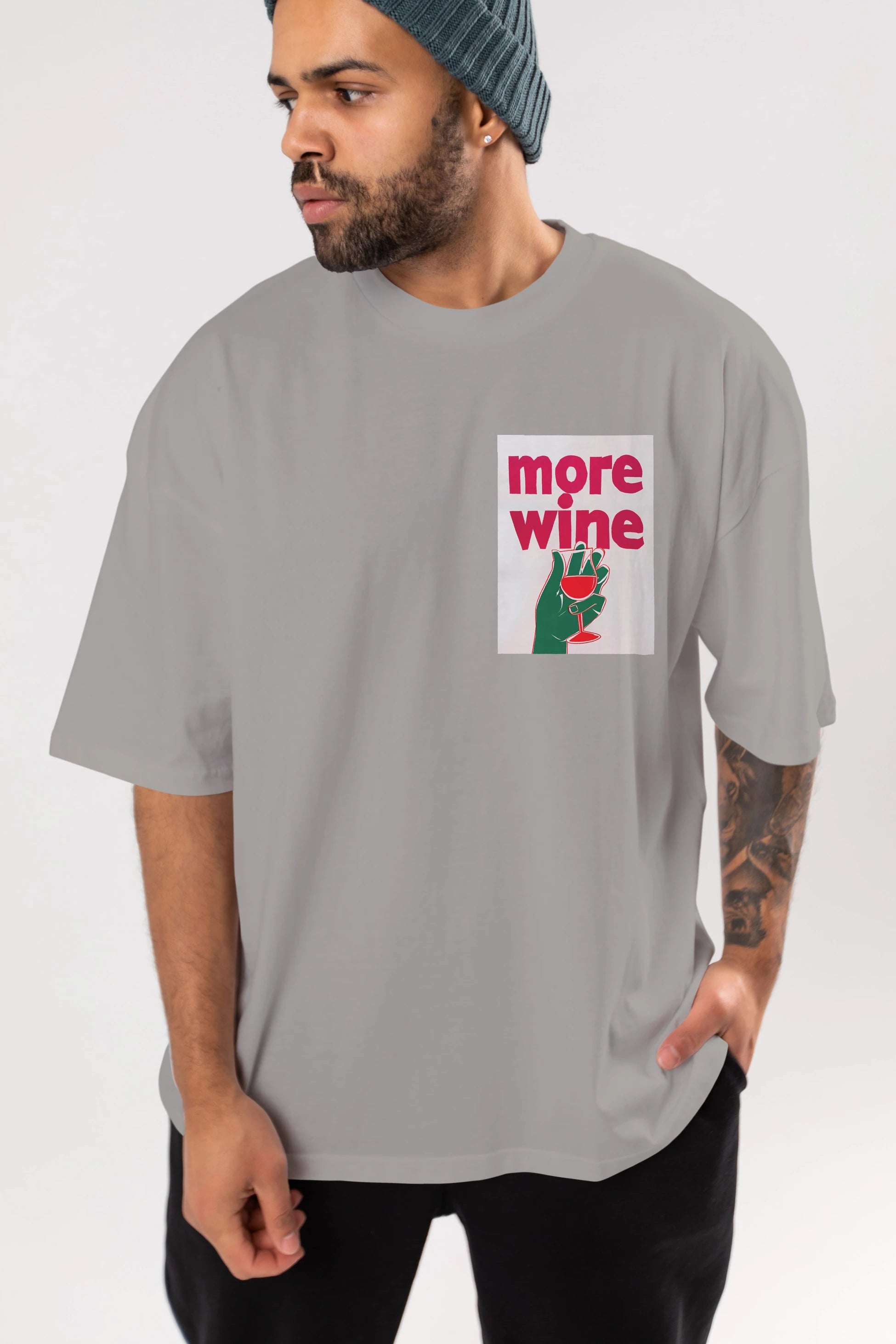 More Wine 3 Ön Sol Baskılı Oversize t-shirt Erkek Kadın Unisex %100 Pamuk Bisiklet Yaka tişort