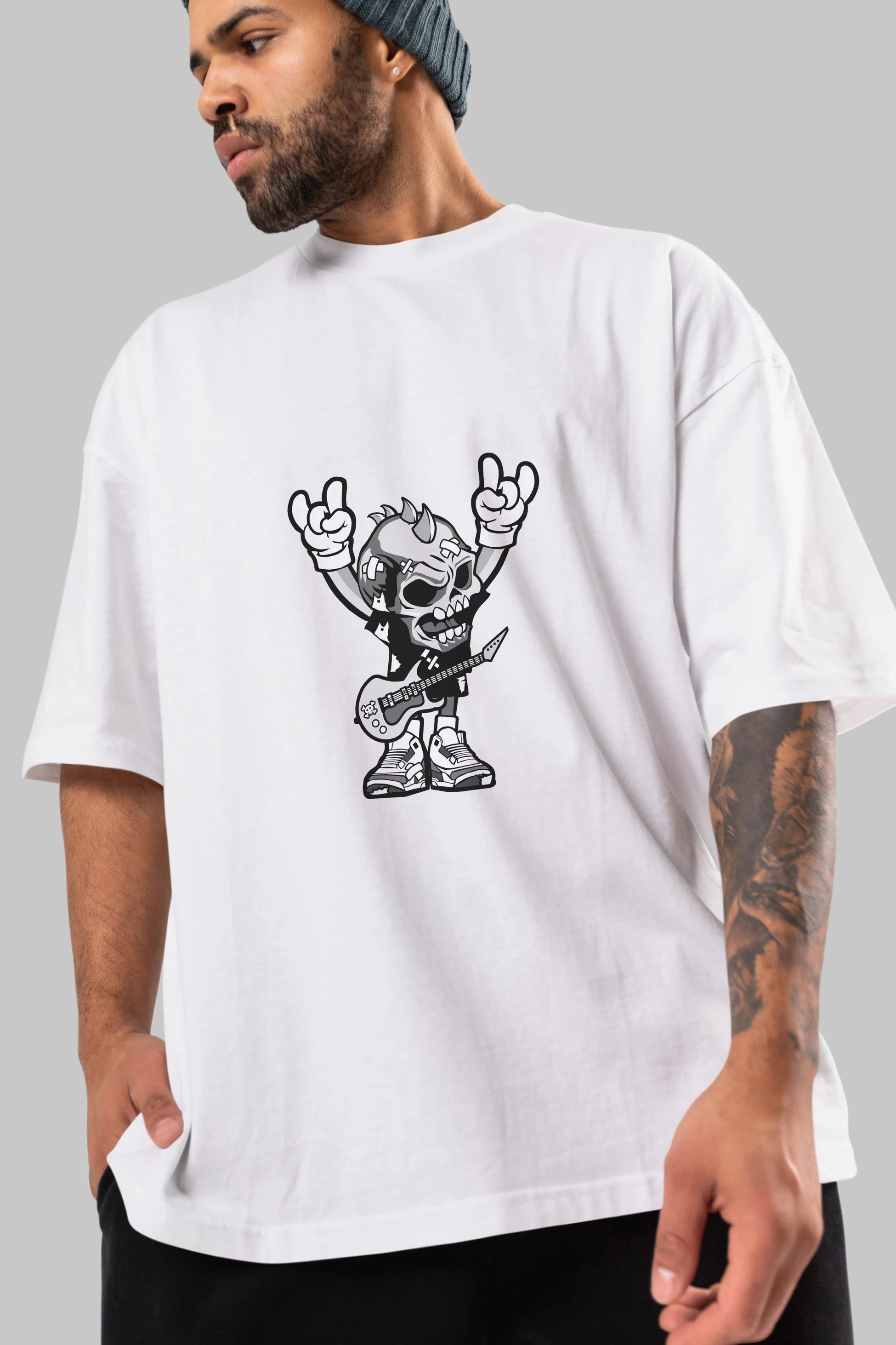 Punk Rock Skull Ön Baskılı Oversize t-shirt Erkek Kadın Unisex %100 Pamuk tişort