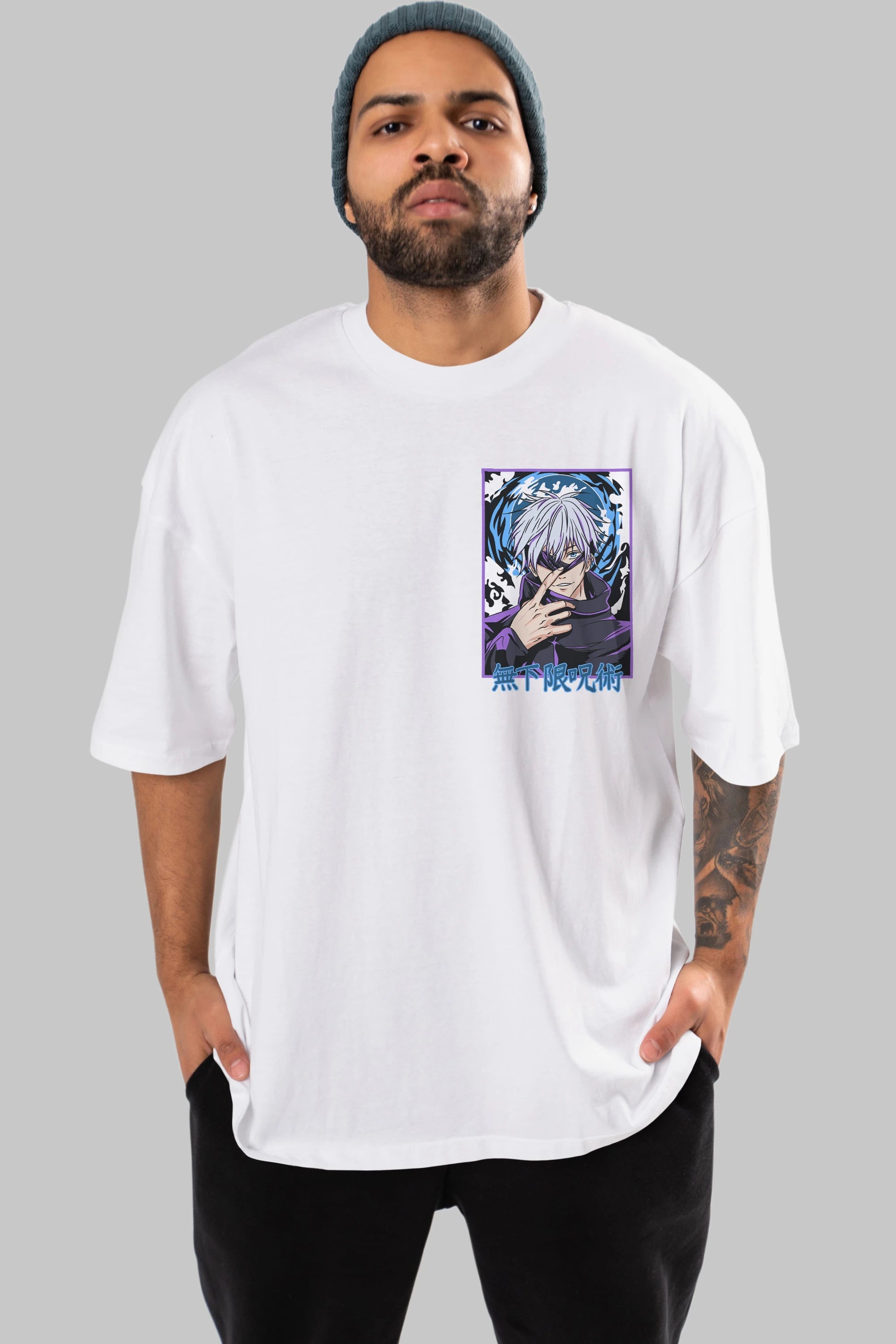 SATORU GOJO 3 Ön Sol Baskılı Oversize t-shirt Erkek Kadın Unisex %100 Pamuk Bisiklet Yaka tişort