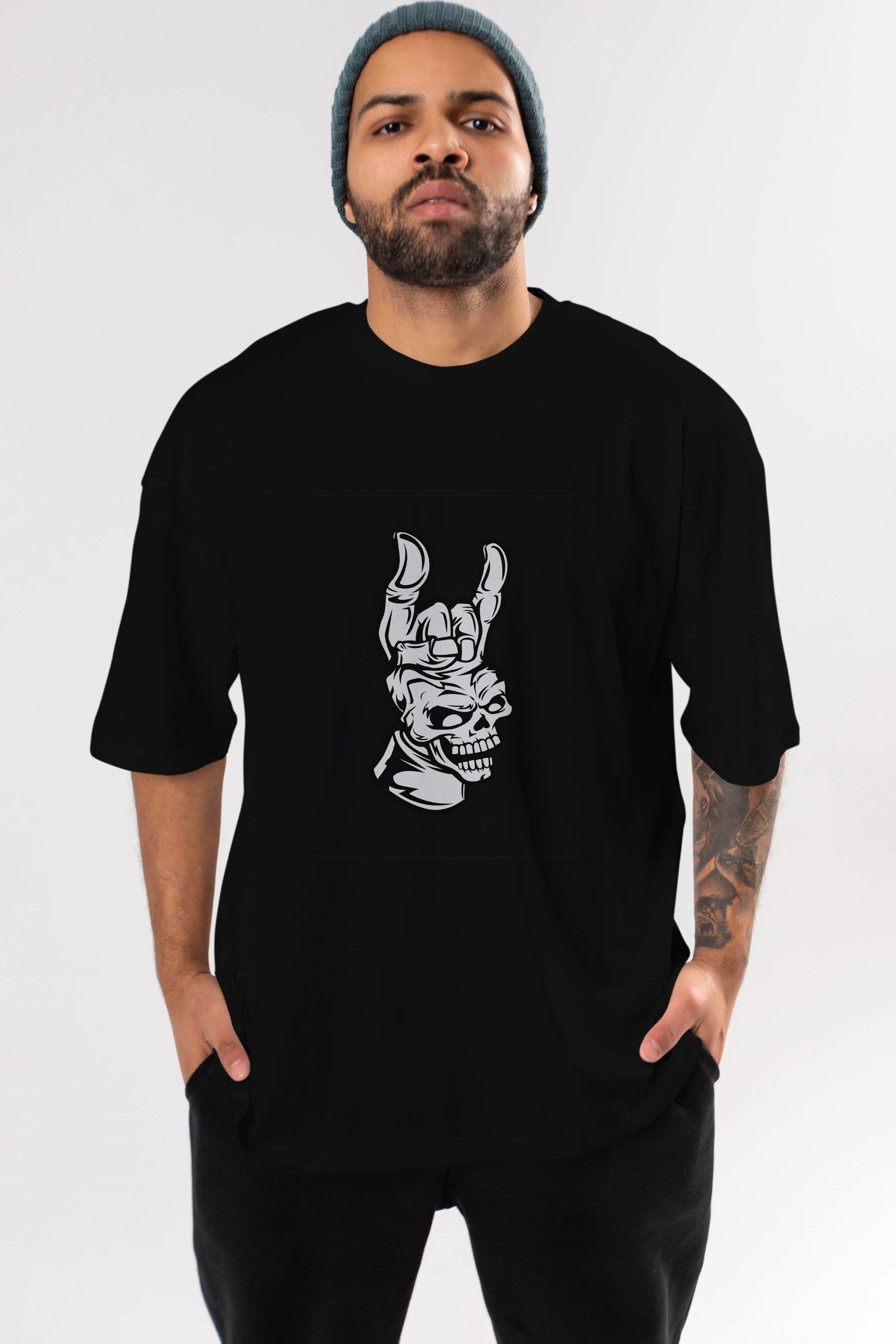 Hand Metal Skull Ön Baskılı Oversize t-shirt Erkek Kadın Unisex %100 Pamuk tişort
