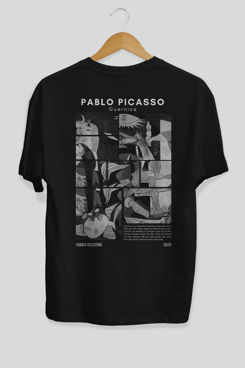 Pablo Picasso Guernica Arka Baskılı Oversize t-shirt Erkek Kadın Bisiklet Yaka Pamuk tişort