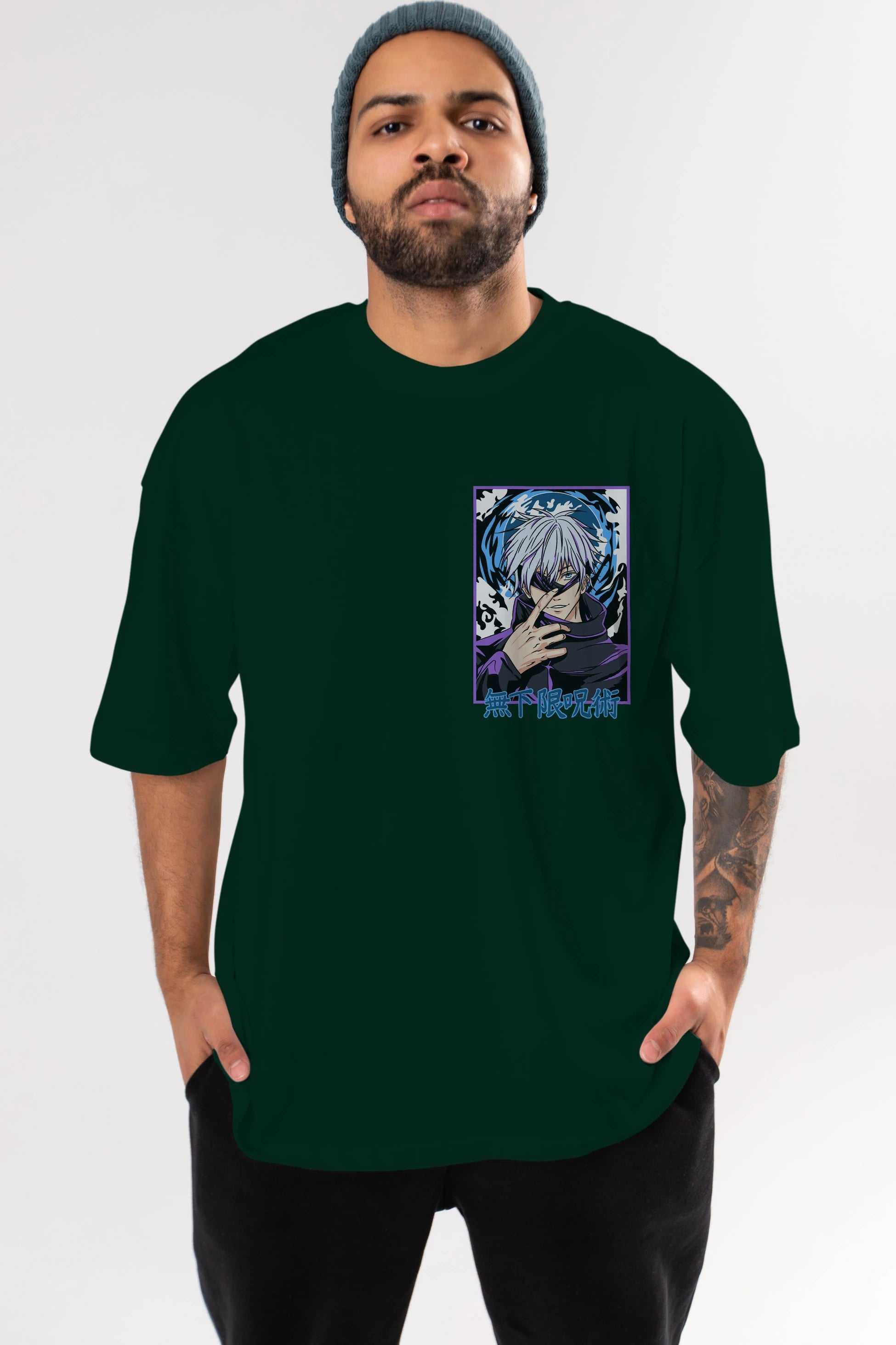 SATORU GOJO 3 Ön Sol Baskılı Oversize t-shirt Erkek Kadın Unisex %100 Pamuk Bisiklet Yaka tişort