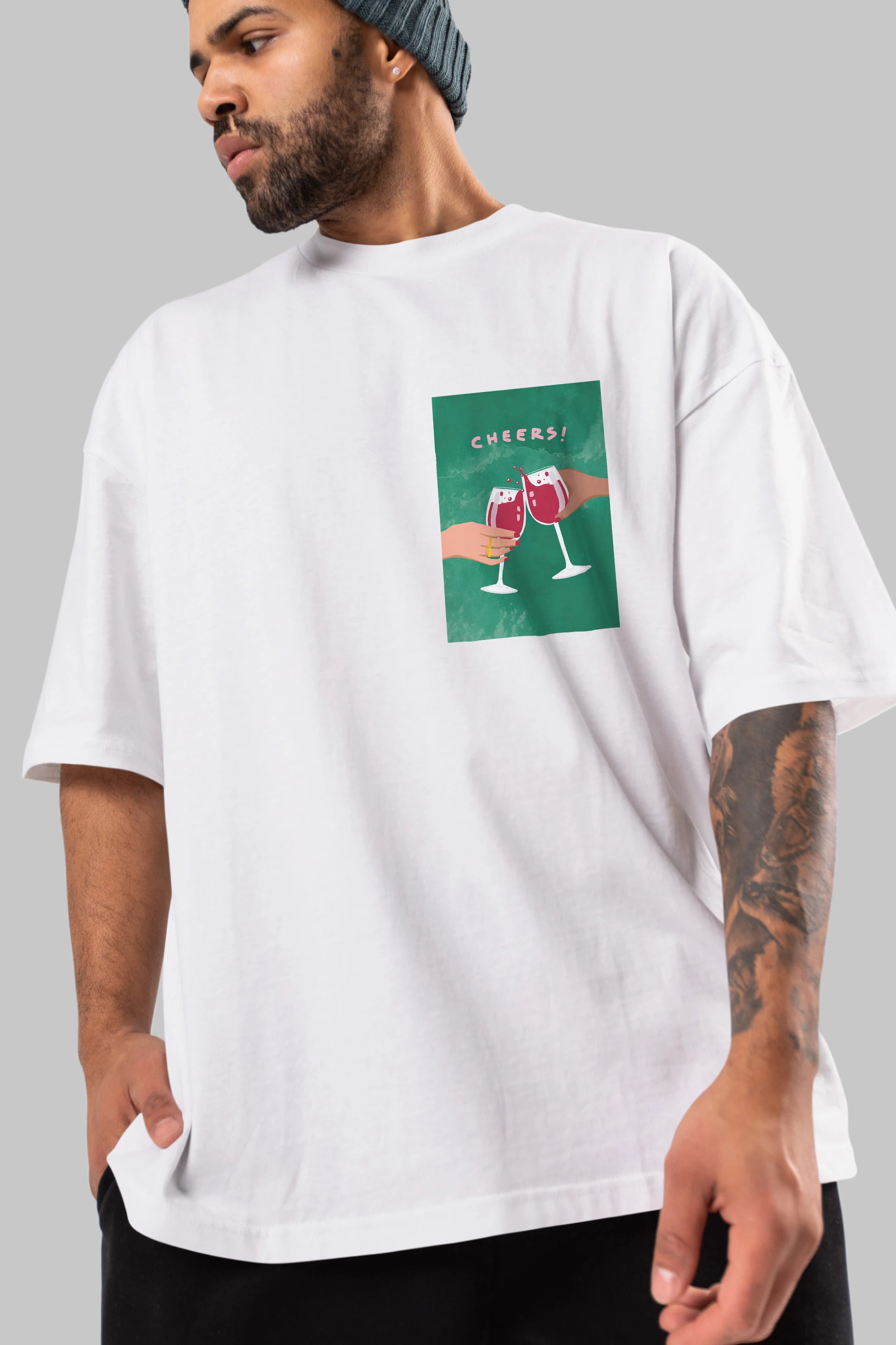 Cheers Ön Sol Baskılı Oversize t-shirt Erkek Kadın Unisex %100 Pamuk Bisiklet Yaka tişort