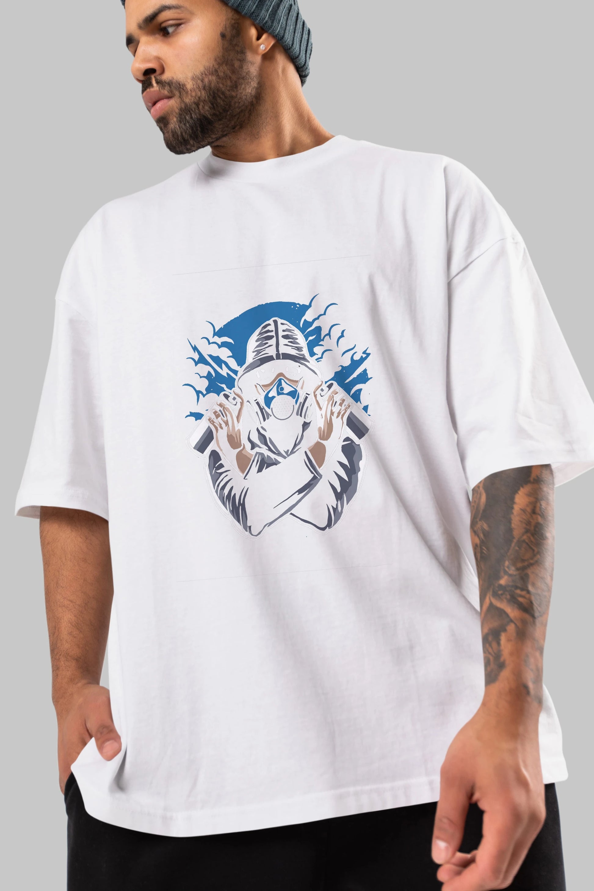 Graffiti Gasmask Ön Baskılı Oversize t-shirt Erkek Kadın Unisex %100 Pamuk tişort