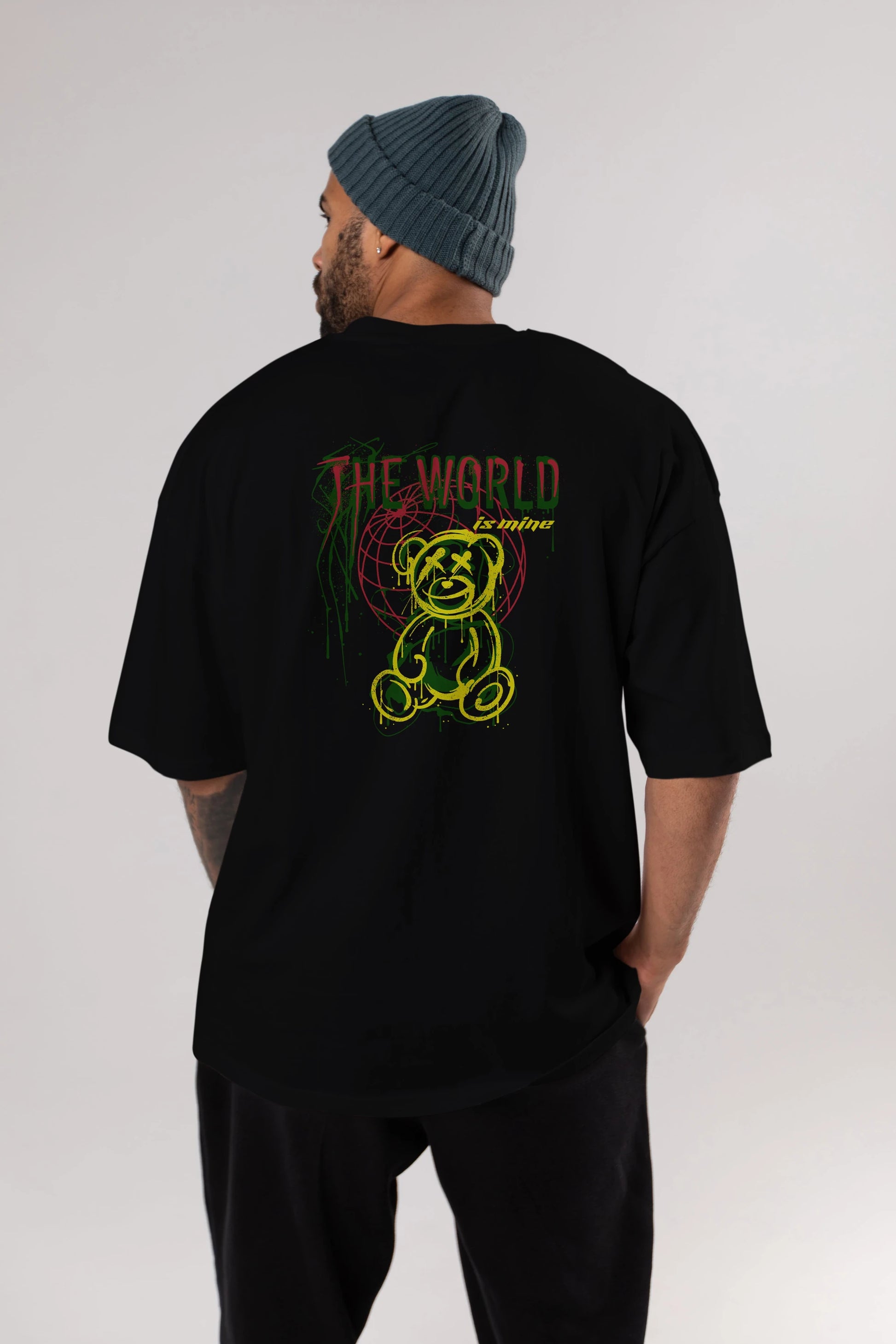 The World is Mine Bear Arka Baskılı Oversize t-shirt Erkek Kadın Unisex