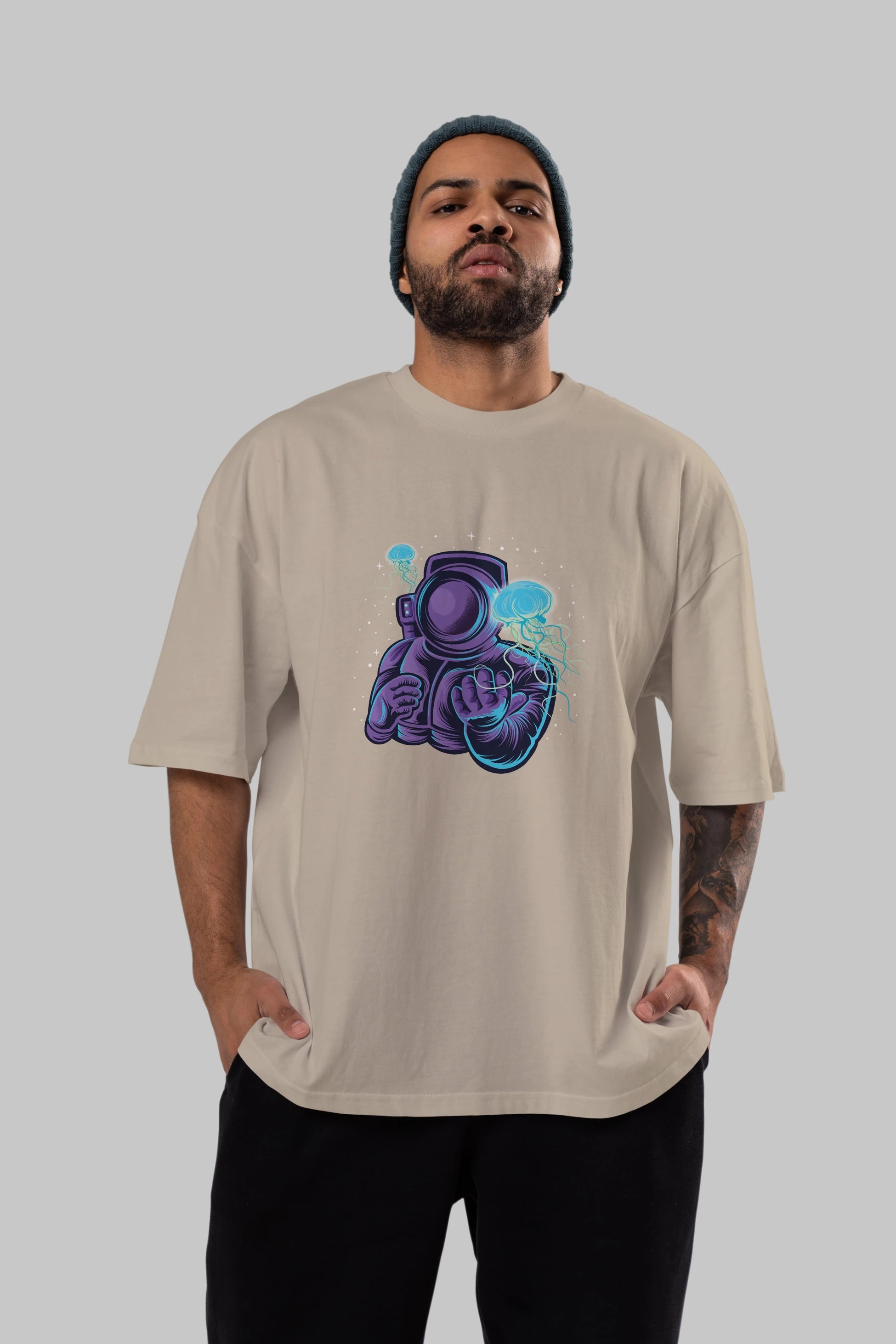 Astronaut and Jellyfish Ön Baskılı Oversize t-shirt Erkek Kadın Unisex