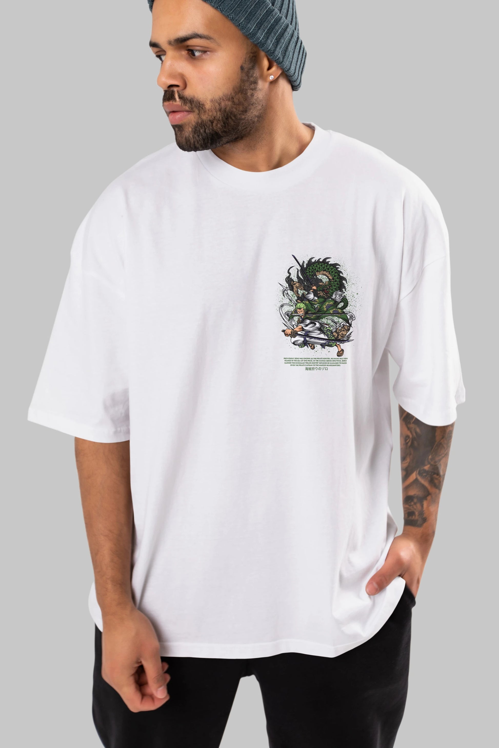 Zoro Ön Sol Baskılı Oversize t-shirt Erkek Kadın Unisex %100 Pamuk Bisiklet Yaka tişort